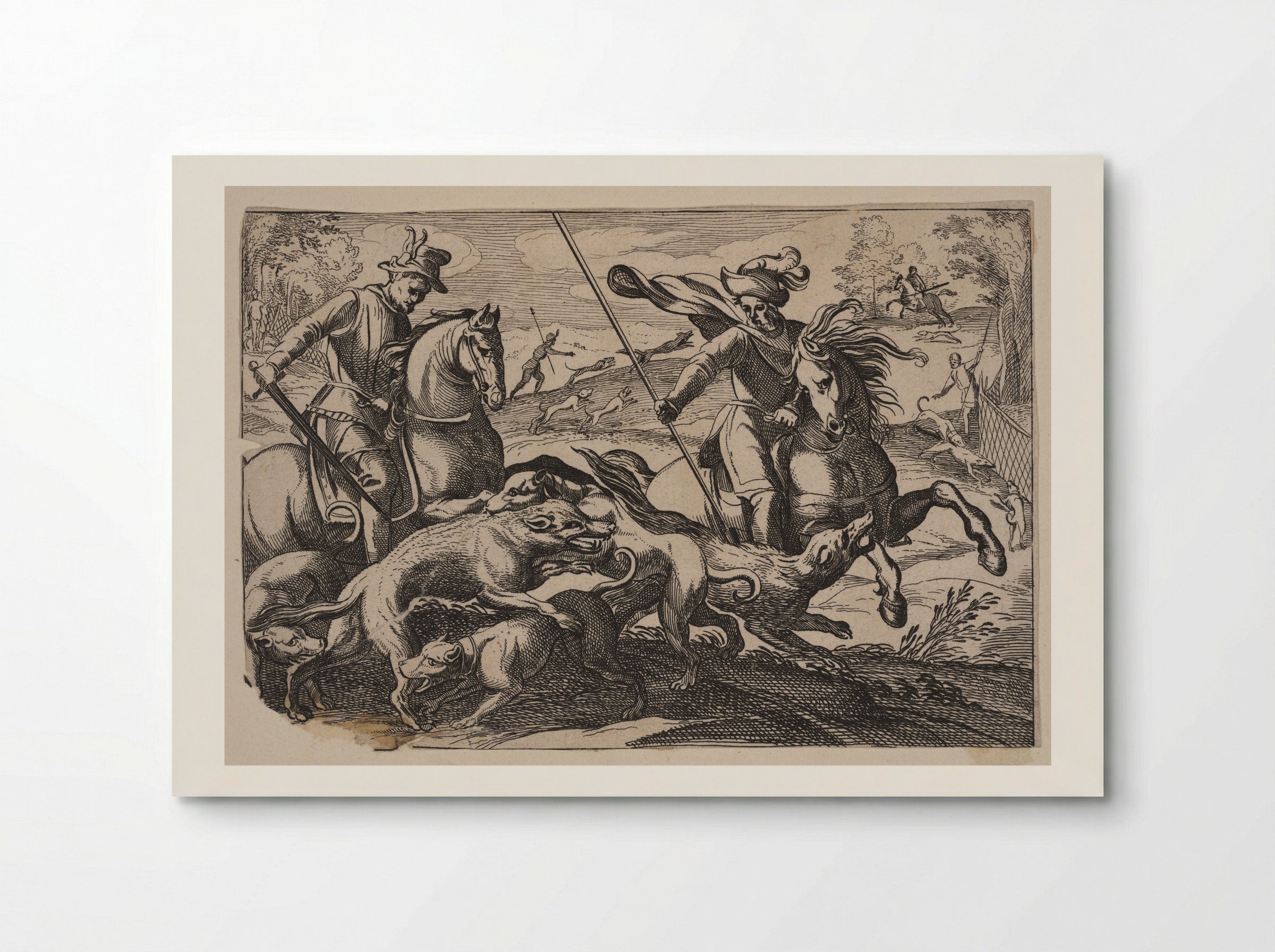 Men on Horseback and Dogs Hunting Wolves - Antonio Tempesta - Poster