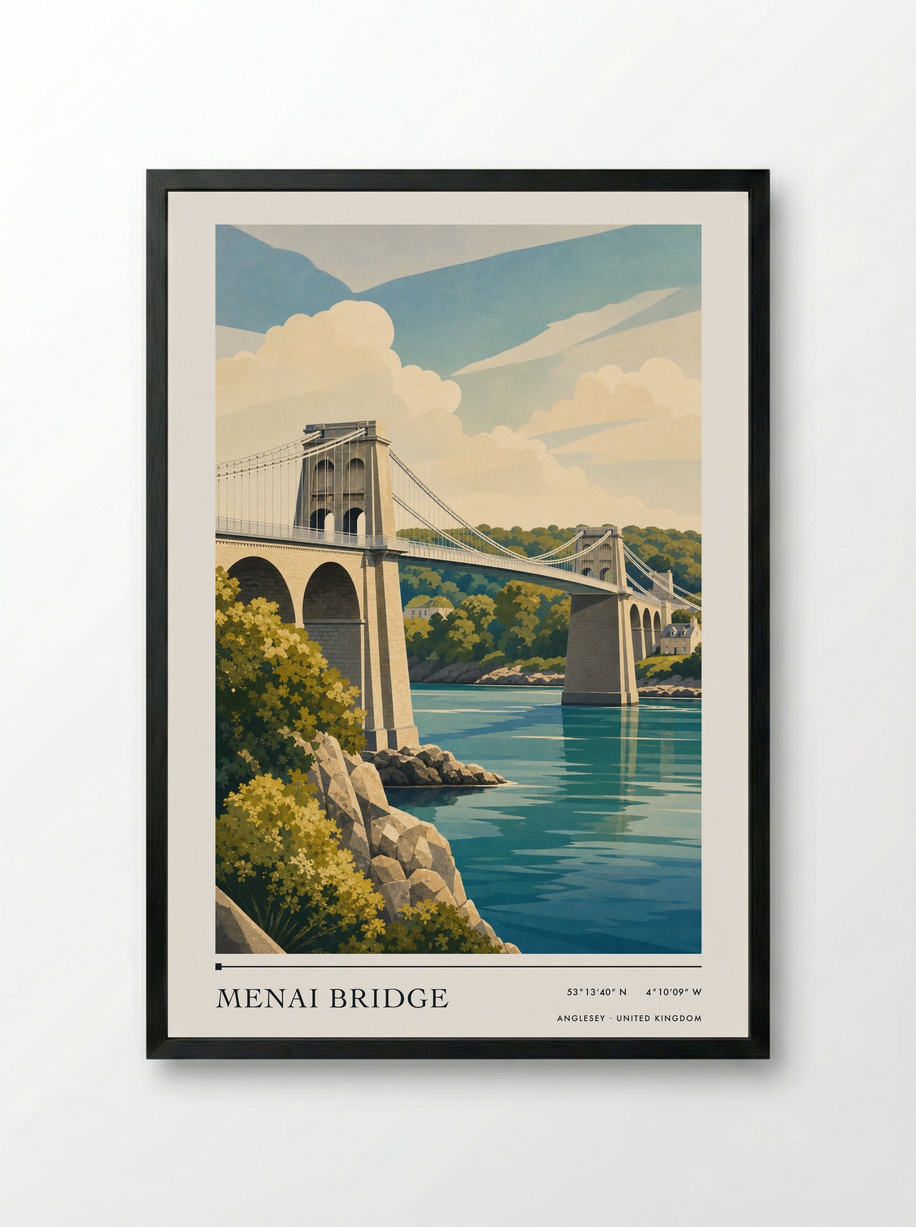 Menai Bridge Anglesey United Kingdom Travel Poster - Framed Print Black