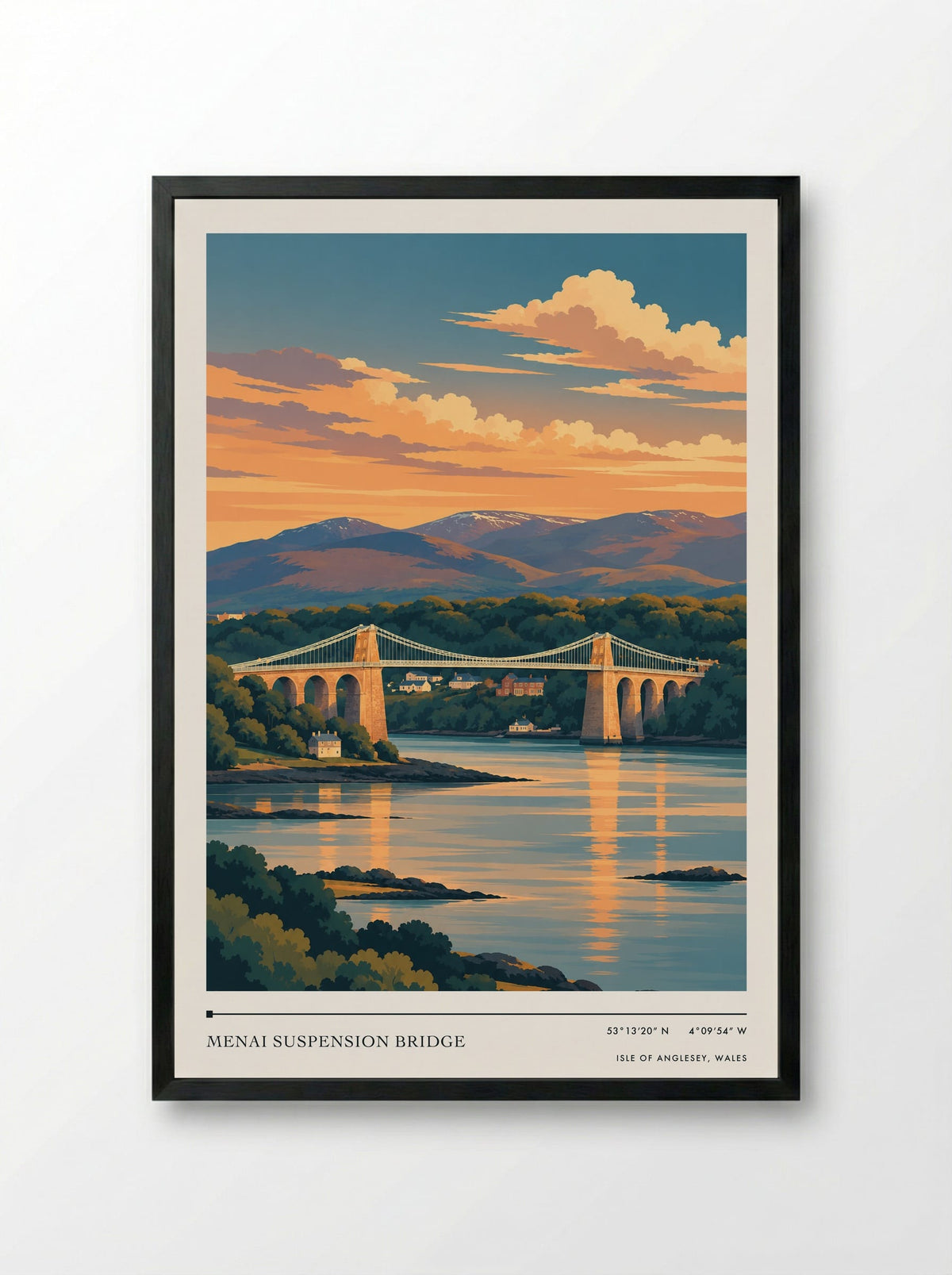 Menai Suspension Bridge, Isle of Anglesey, Wales | Travel Poster - Framed Print Black