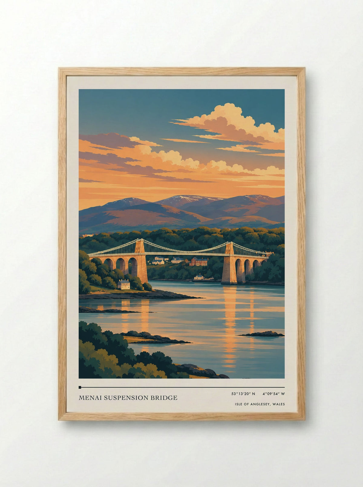 Menai Suspension Bridge, Isle of Anglesey, Wales | Travel Poster - Framed Print Wood