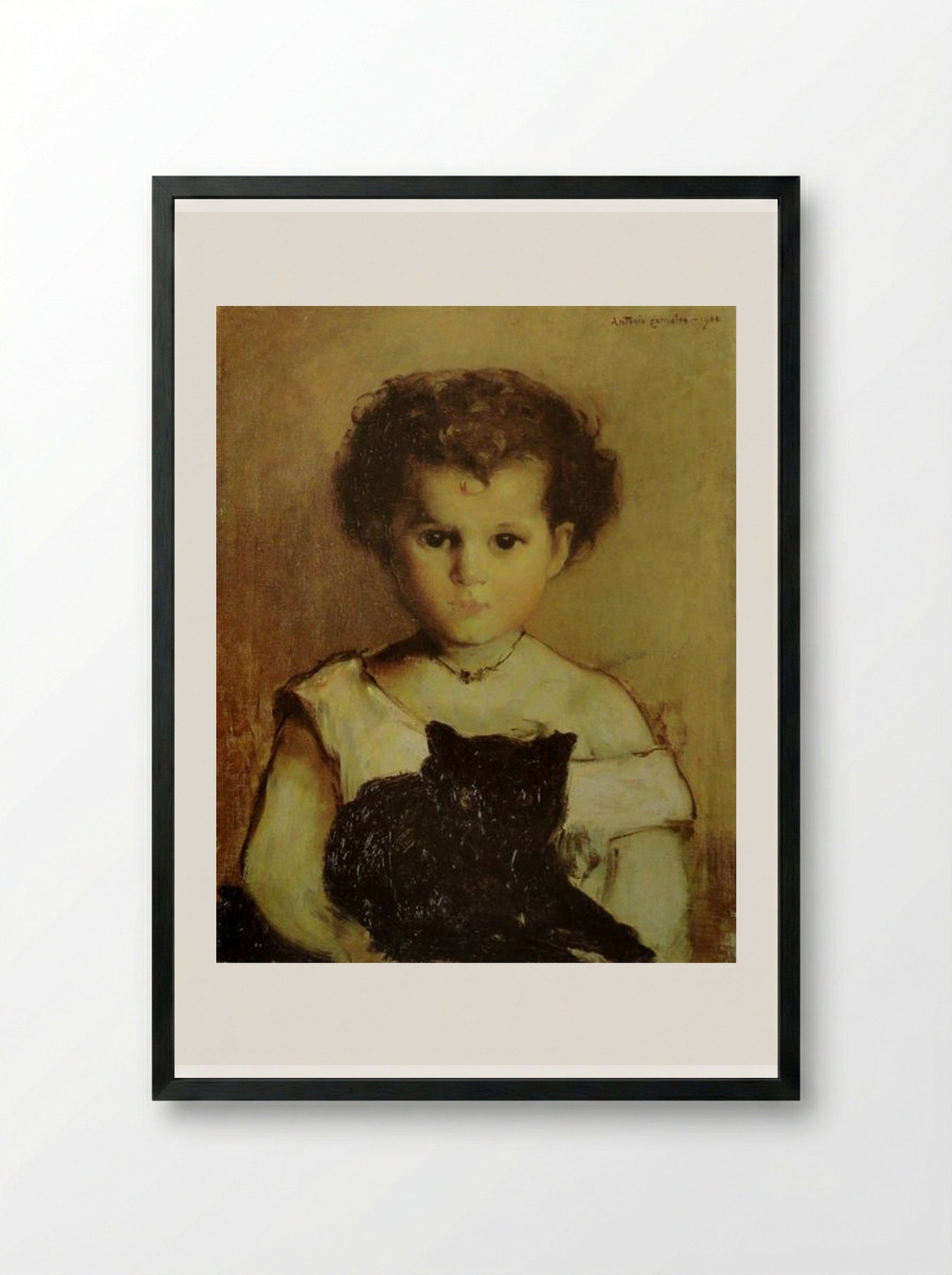Menina com Gato (Maria) - António Carneiro - Framed Print Black
