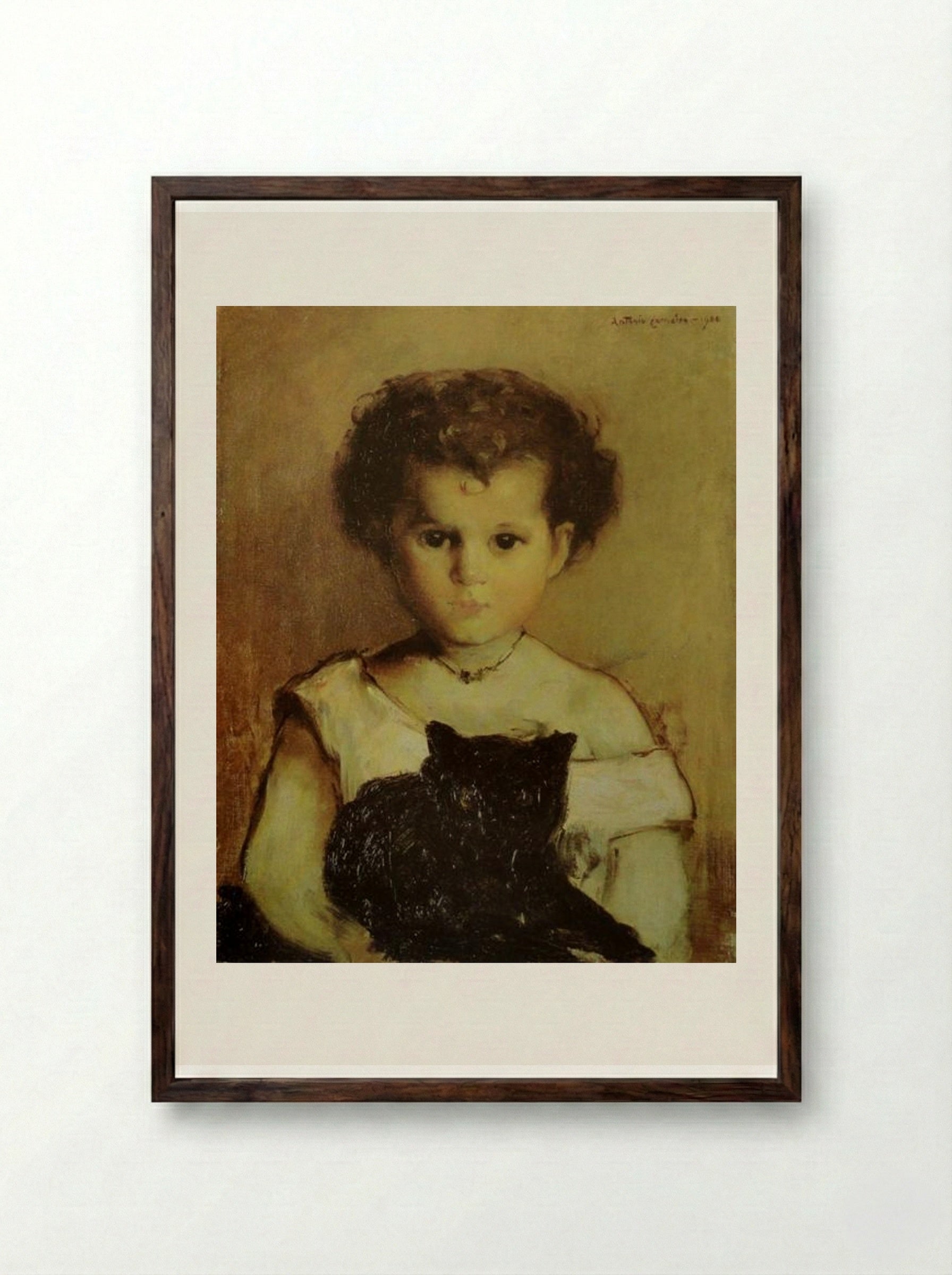 Menina com Gato (Maria) - António Carneiro - Framed Print Dark Wood