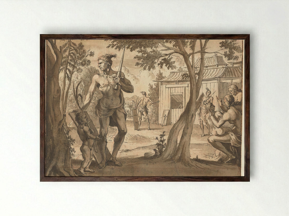 Mensen bij een houten gebouw - Jan Goeree - Framed Print Dark Wood
