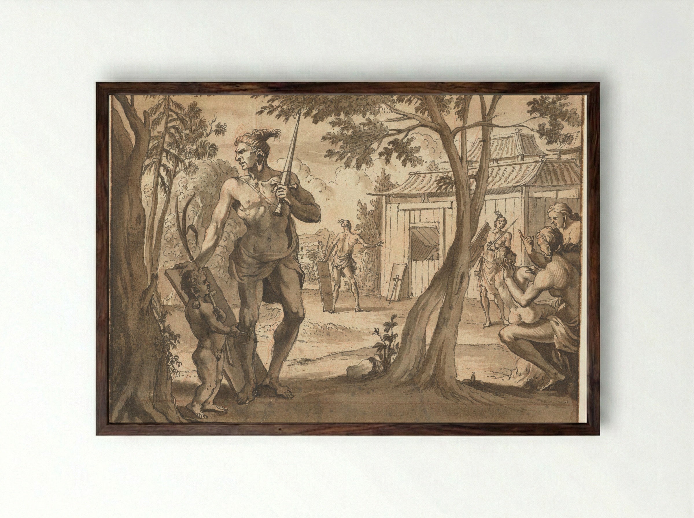 Mensen bij een houten gebouw - Jan Goeree - Framed Print Dark Wood