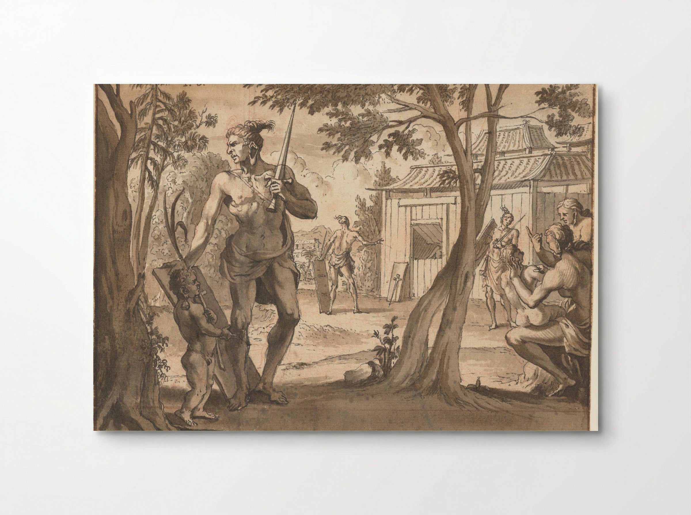 Mensen bij een houten gebouw - Jan Goeree - Poster