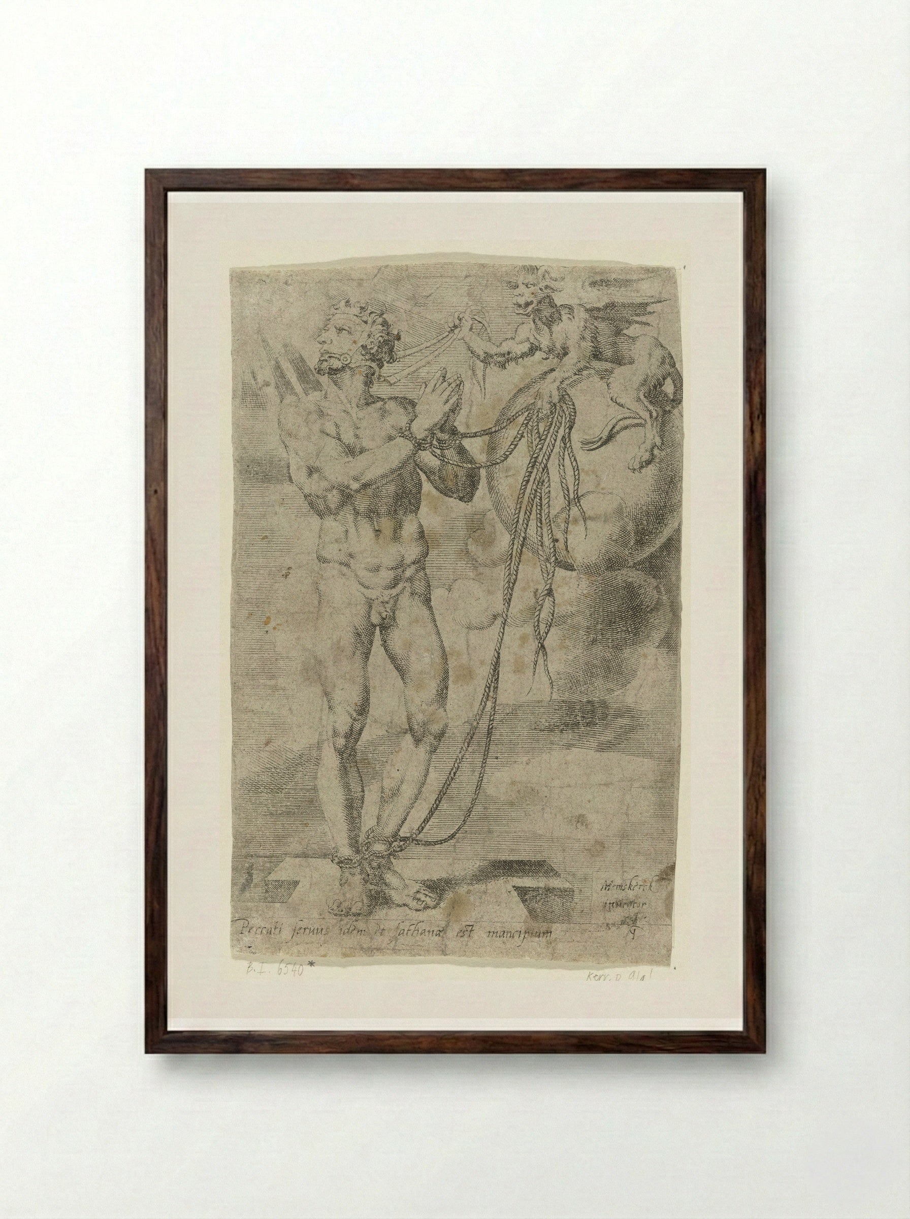 Mensheid wordt door de duivel geketend - Dirck Volckertsz. Coornhert - Framed Print Dark Wood