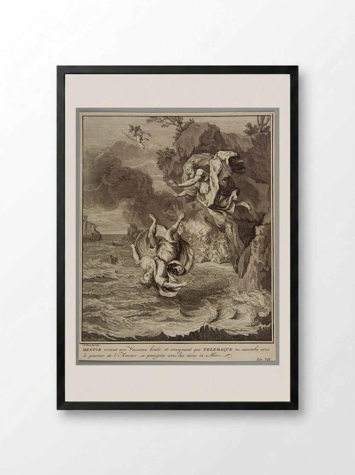 Mentor and Telemachus Falling into the Sea - Bernard Picart - Framed Print Black