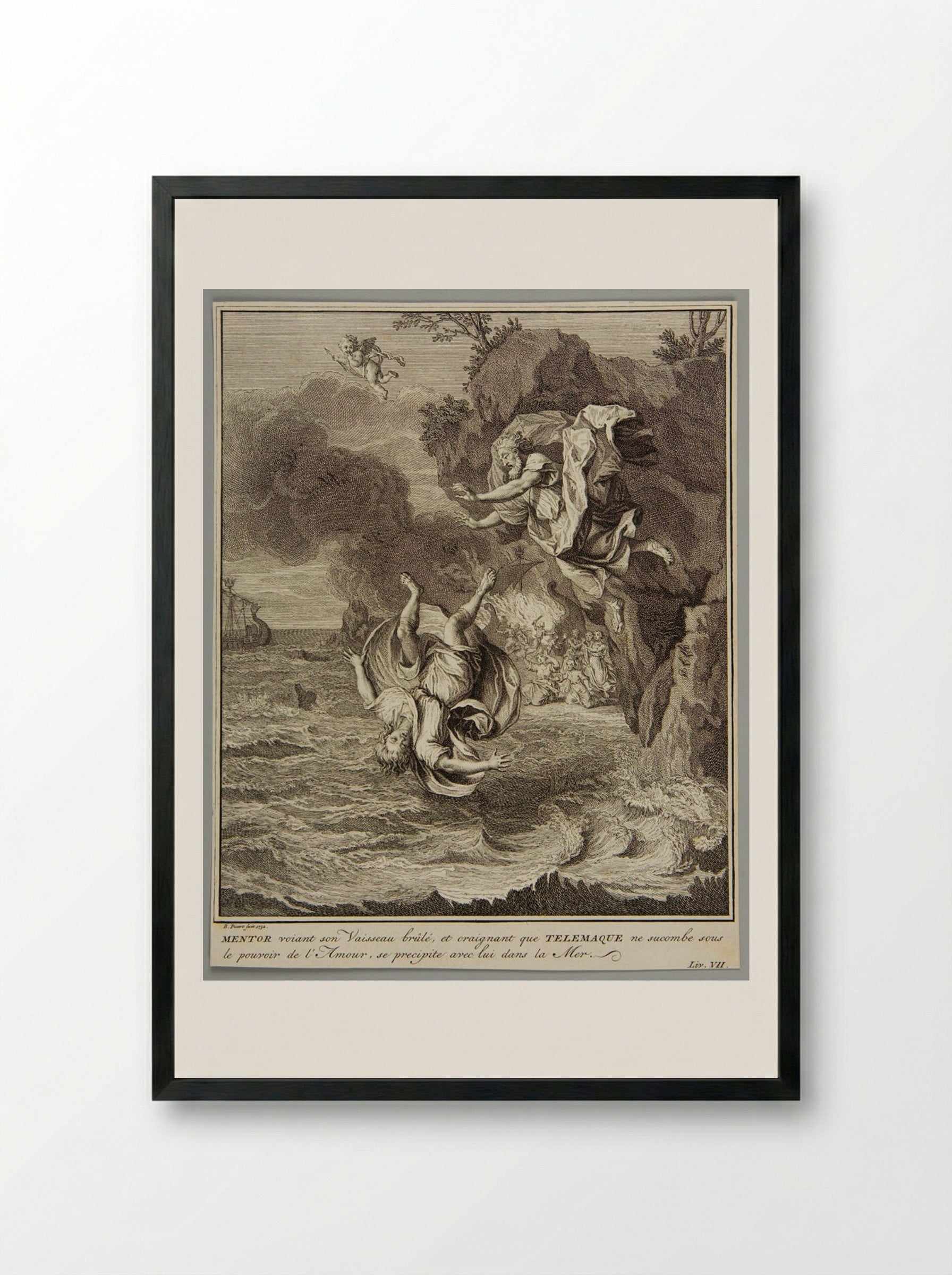 Mentor and Telemachus Falling into the Sea - Bernard Picart - Framed Print Black