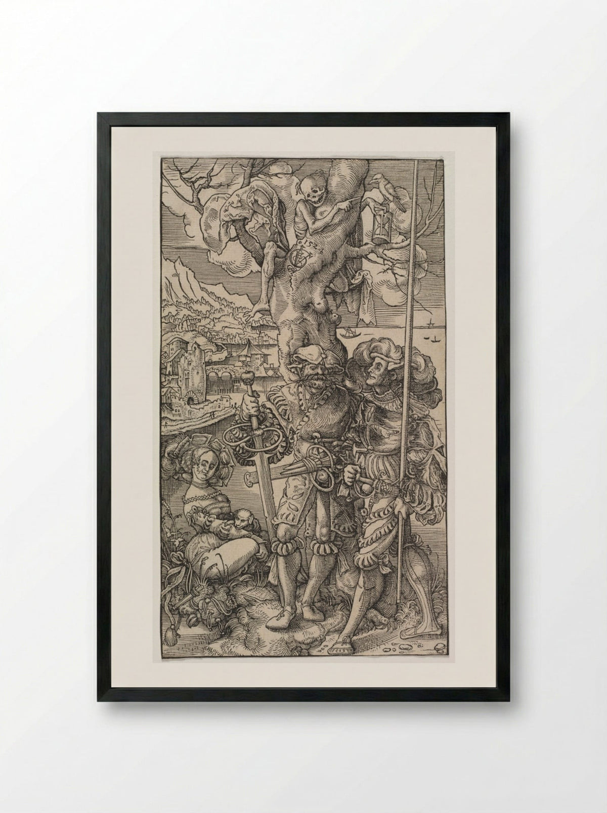 Mercenaries and a Woman with Death in a Tree - Urs Graf the Elder - Framed Print Black
