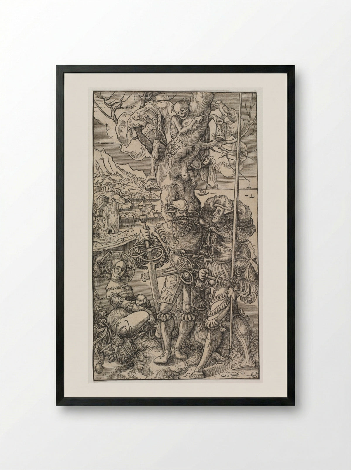 Mercenaries and a Woman with Death in a Tree - Urs Graf the Elder - Framed Print Black