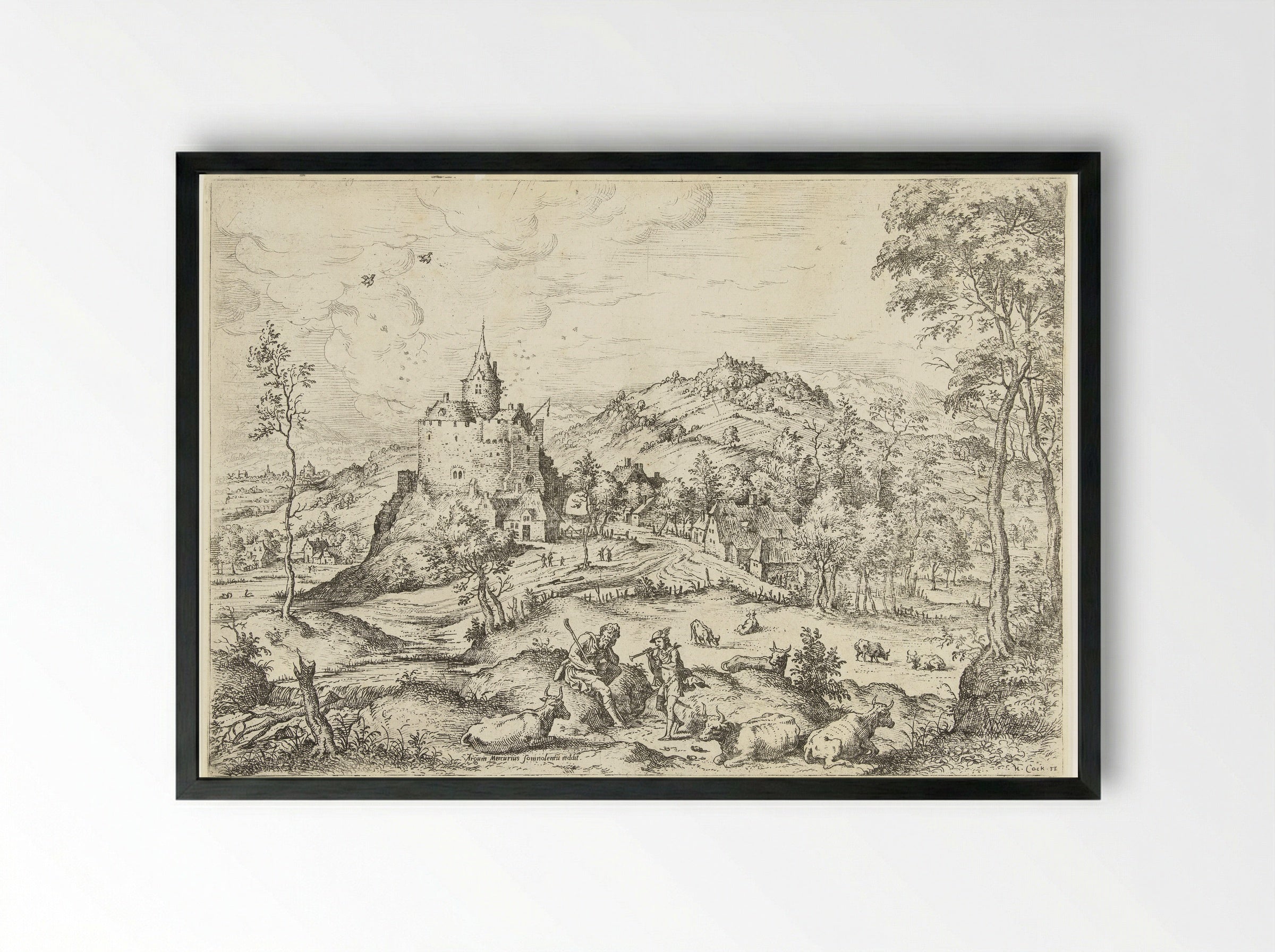 Mercurius en Argus - Hieronymus Cock - Framed Print Black