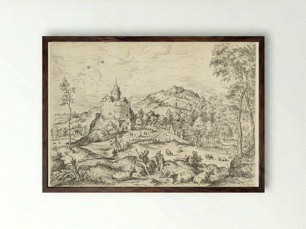 Mercurius en Argus - Hieronymus Cock - Framed Print Dark Wood