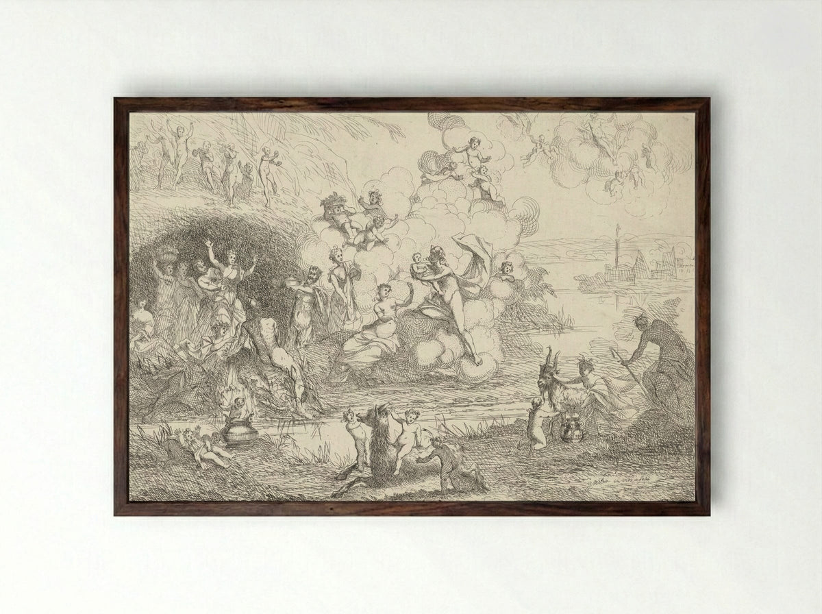 Mercurius geeft Bacchus aan de nimfen - Gerard Melder - Framed Print Dark Wood