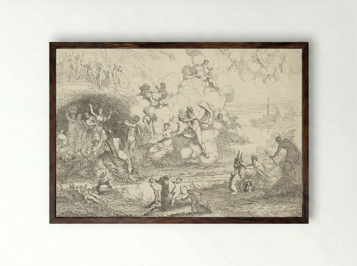 Mercurius geeft Bacchus aan de nimfen - Gerard Melder - Framed Print Dark Wood