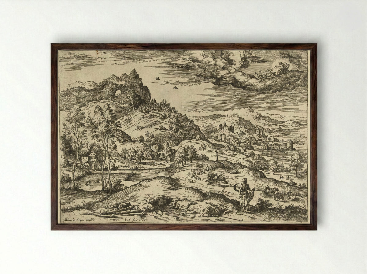 Mercurius met het hoofd van Argus - Hieronymus Cock - Framed Print Dark Wood
