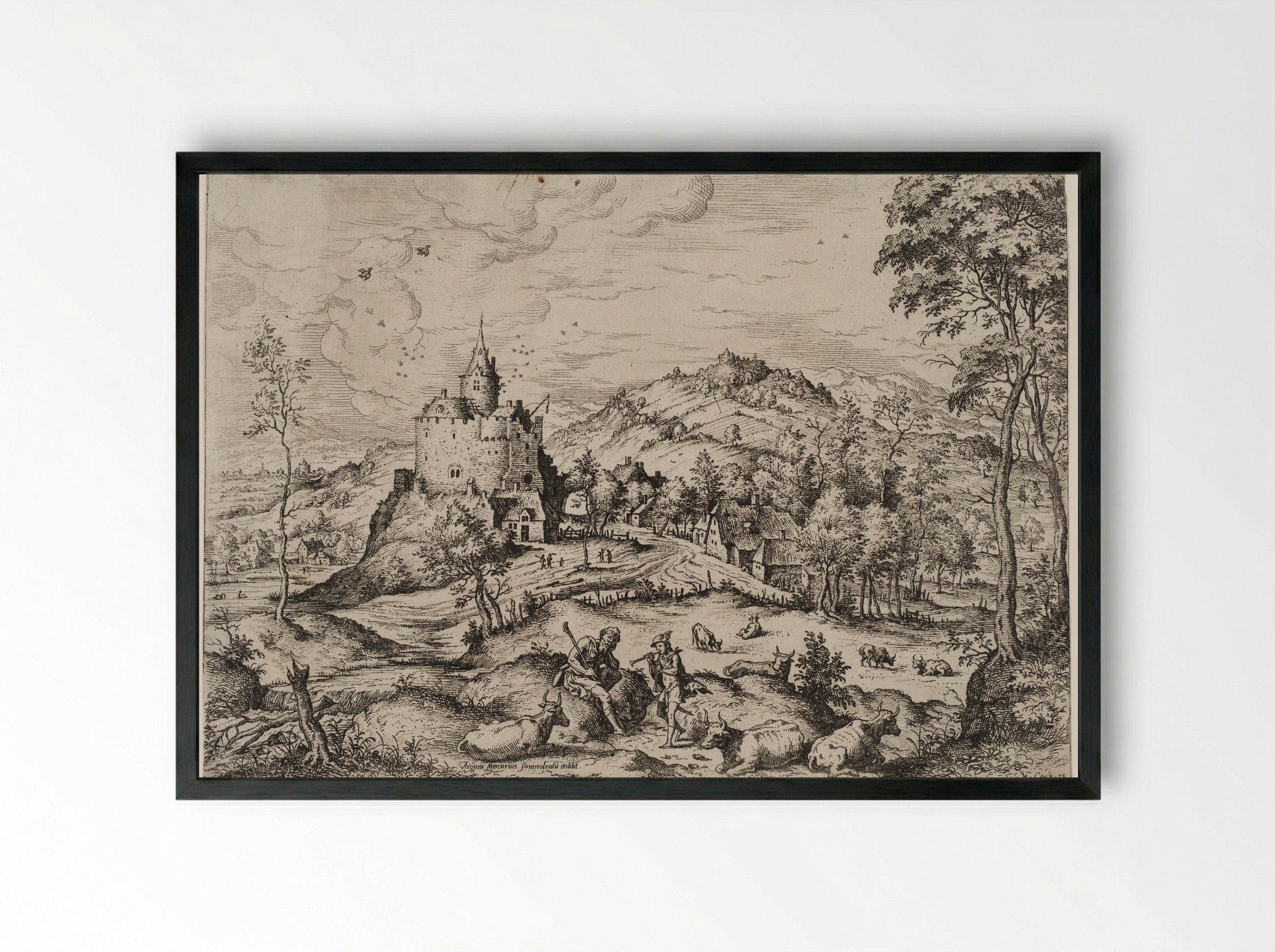 Mercury Lulls Argus to Sleep - Hieronymus Cock - Framed Print Black