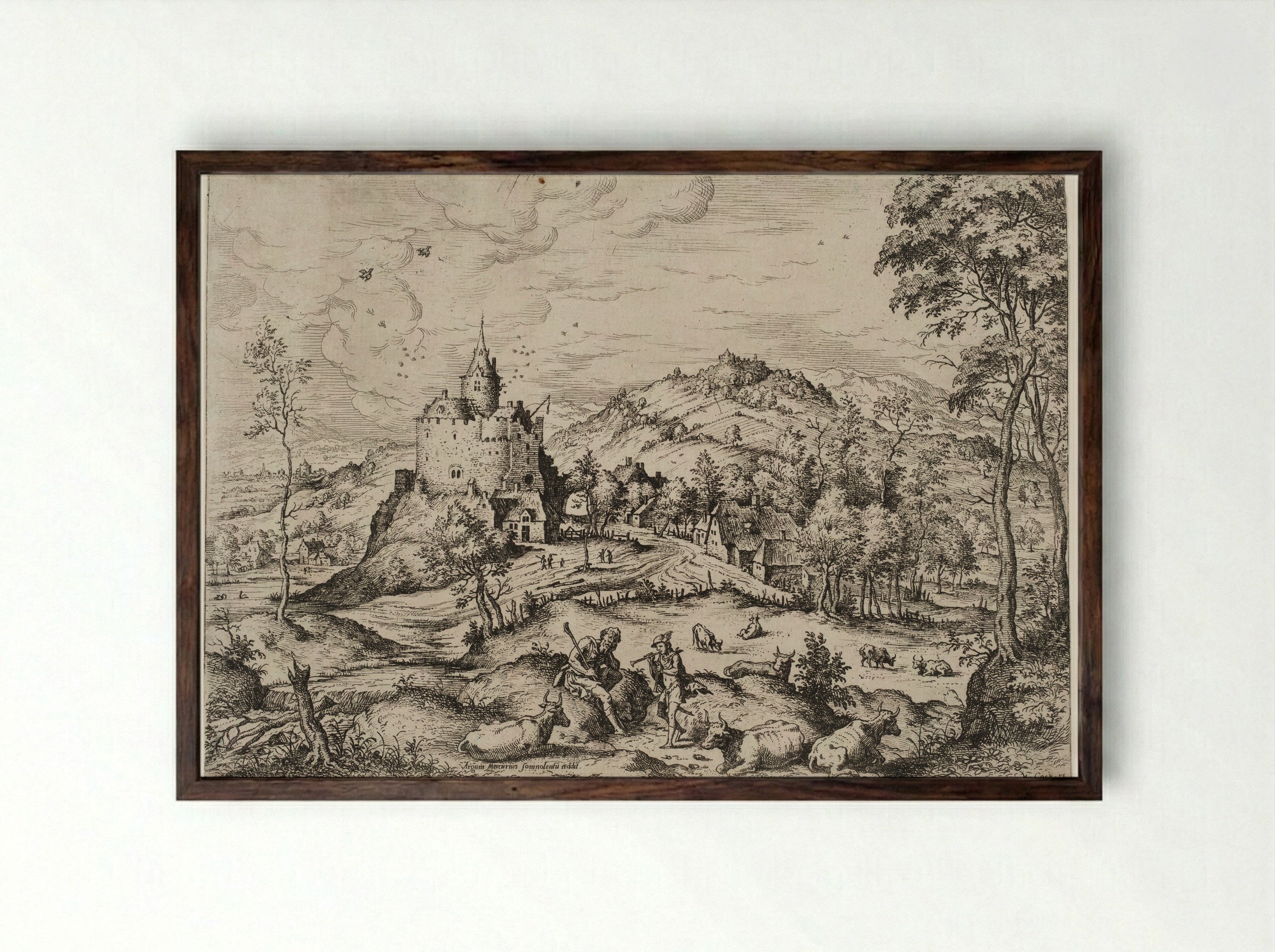 Mercury Lulls Argus to Sleep - Hieronymus Cock - Framed Print Dark Wood