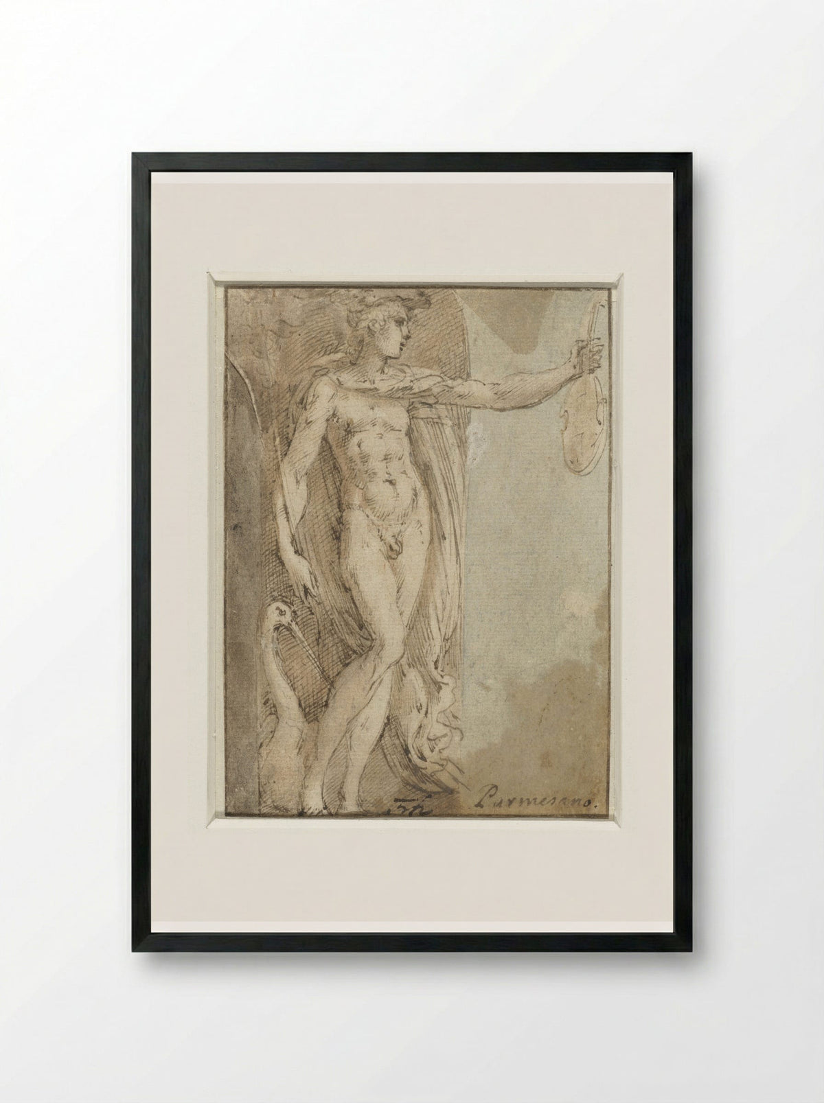 Mercury Standing in a Niche with a Violin and an Ibis - Parmigianino - Framed Print Black