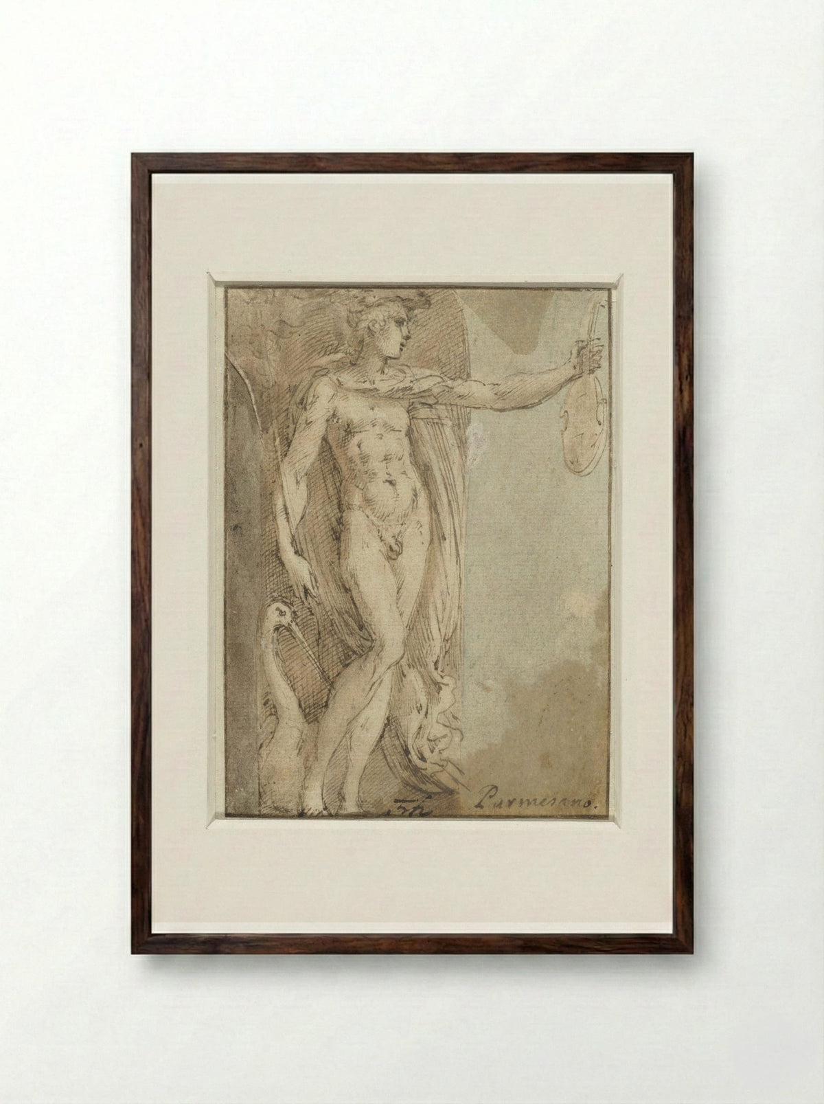 Mercury Standing in a Niche with a Violin and an Ibis - Parmigianino - Framed Print Dark Wood