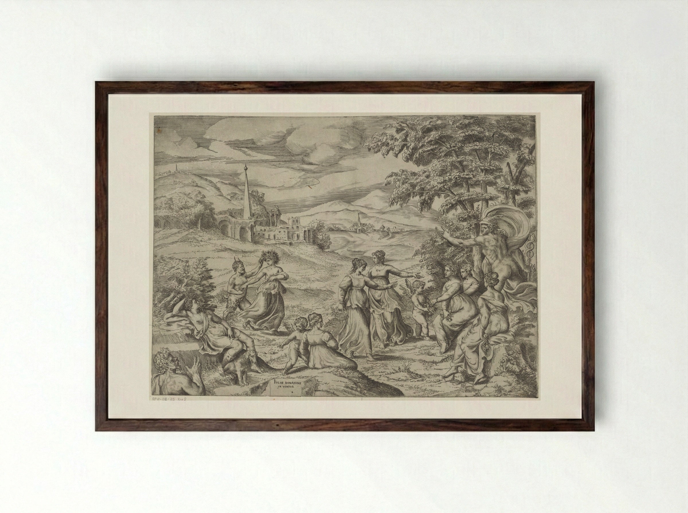 Mercury Telling the Story of Pan and Syrinx - Giulio Bonasone - Framed Print Dark Wood