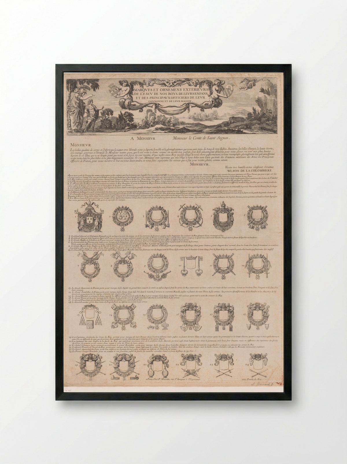 Merktekens en ornamenten op de schilden van de koningen - Samuel Bernard - Framed Print Black