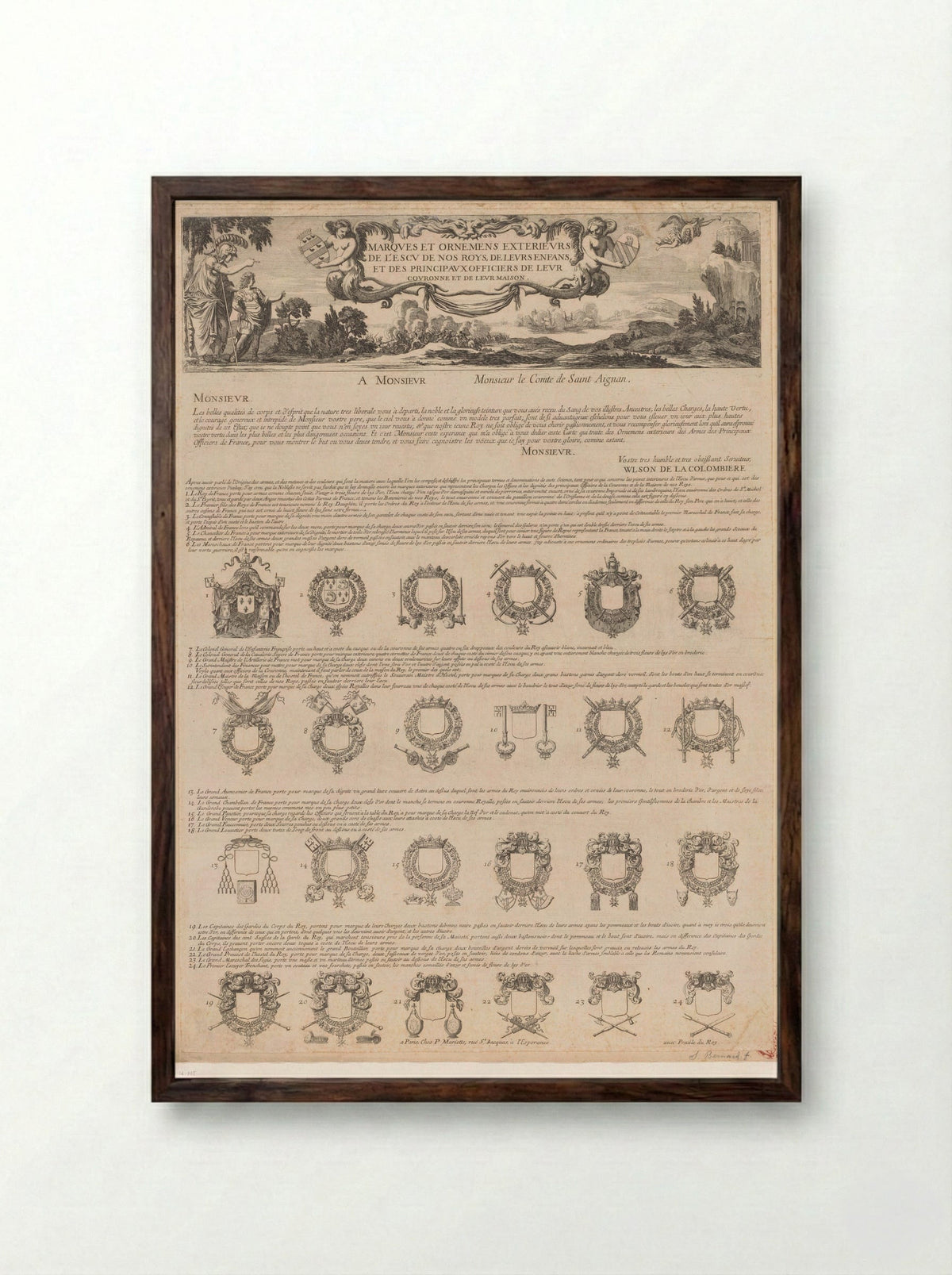 Merktekens en ornamenten op de schilden van de koningen - Samuel Bernard - Framed Print Dark Wood