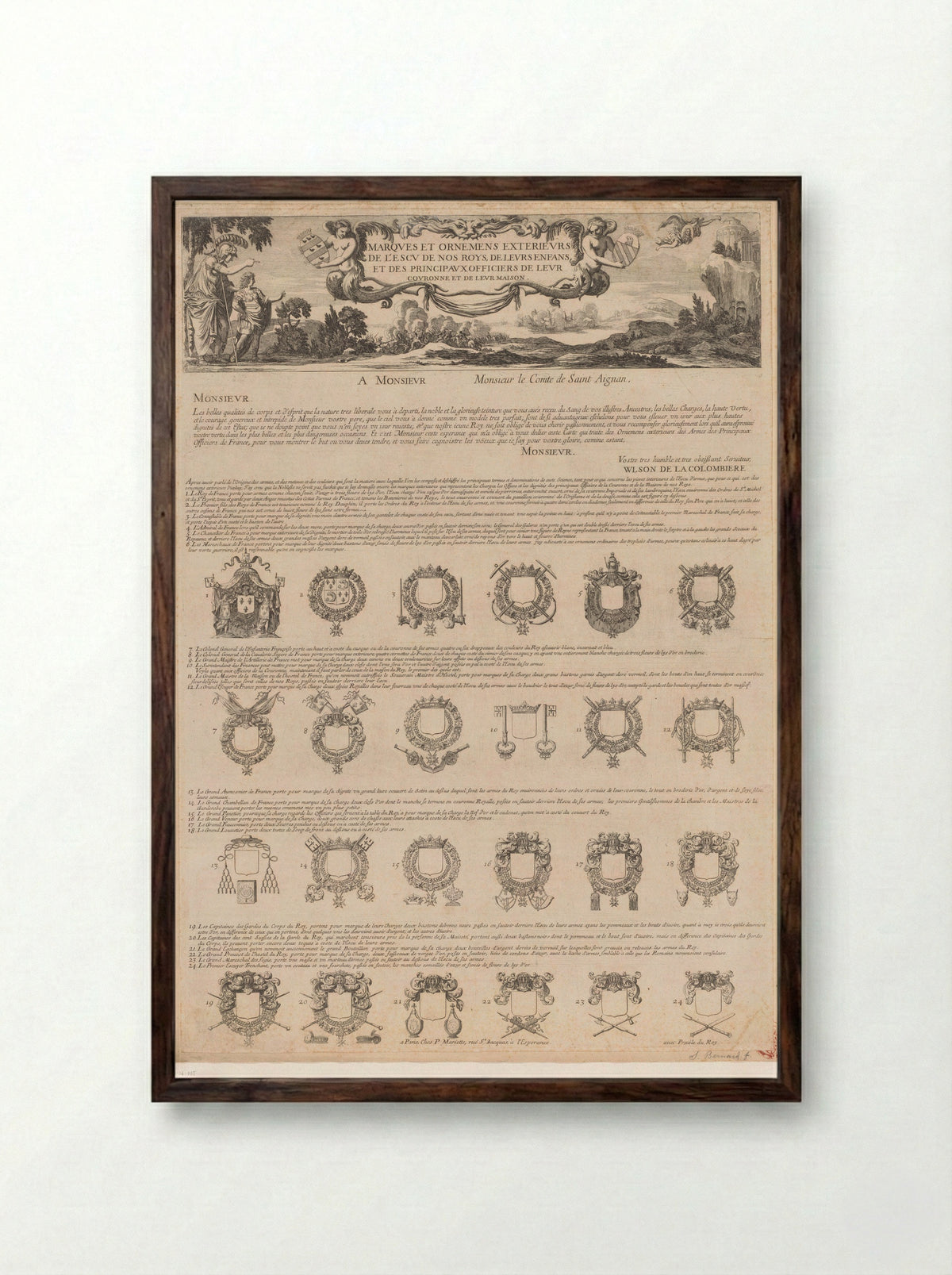 Merktekens en ornamenten op de schilden van de koningen - Samuel Bernard - Framed Print Dark Wood