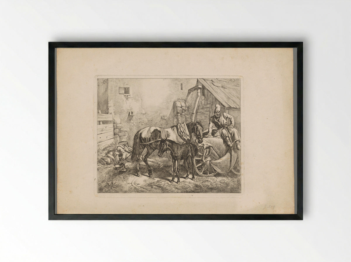 Merrie met veulen en twee rustende mannen - Domenico Artaria - Framed Print Black