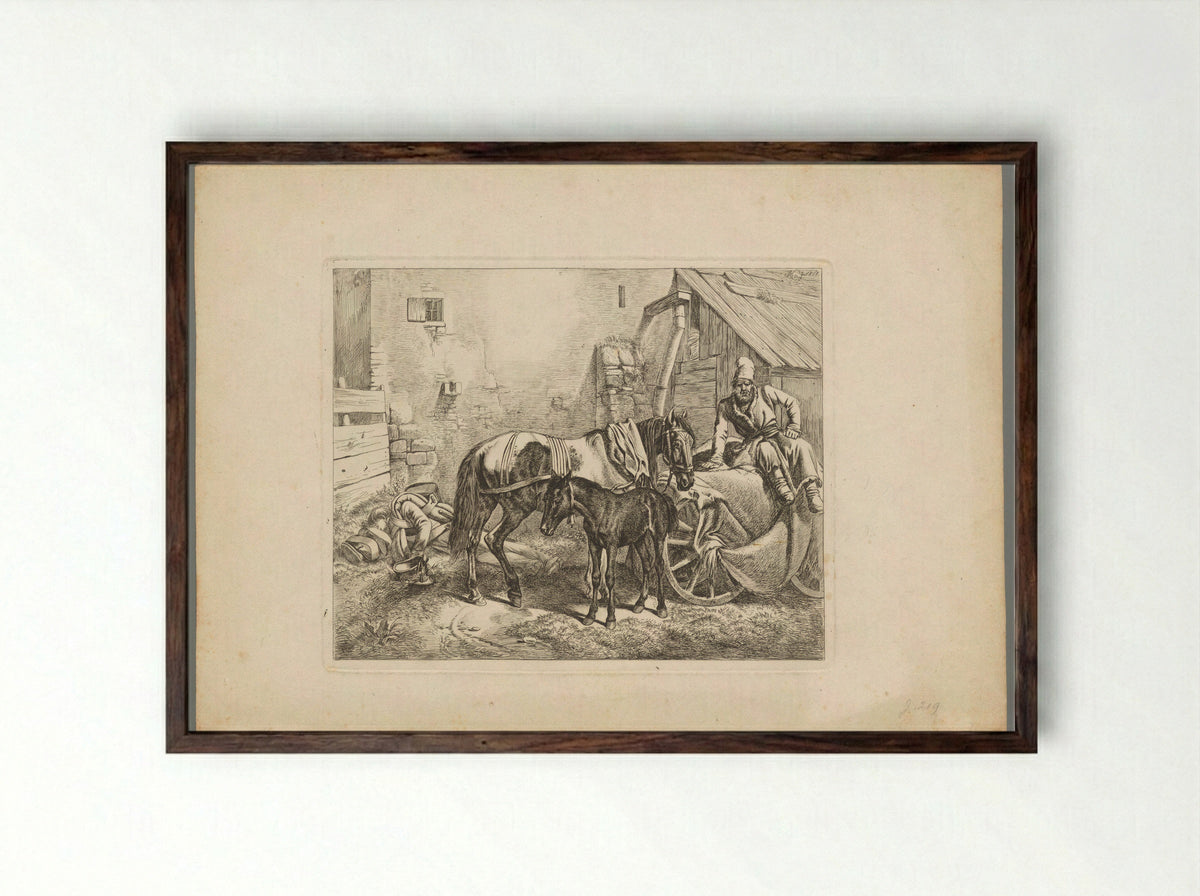 Merrie met veulen en twee rustende mannen - Domenico Artaria - Framed Print Dark Wood