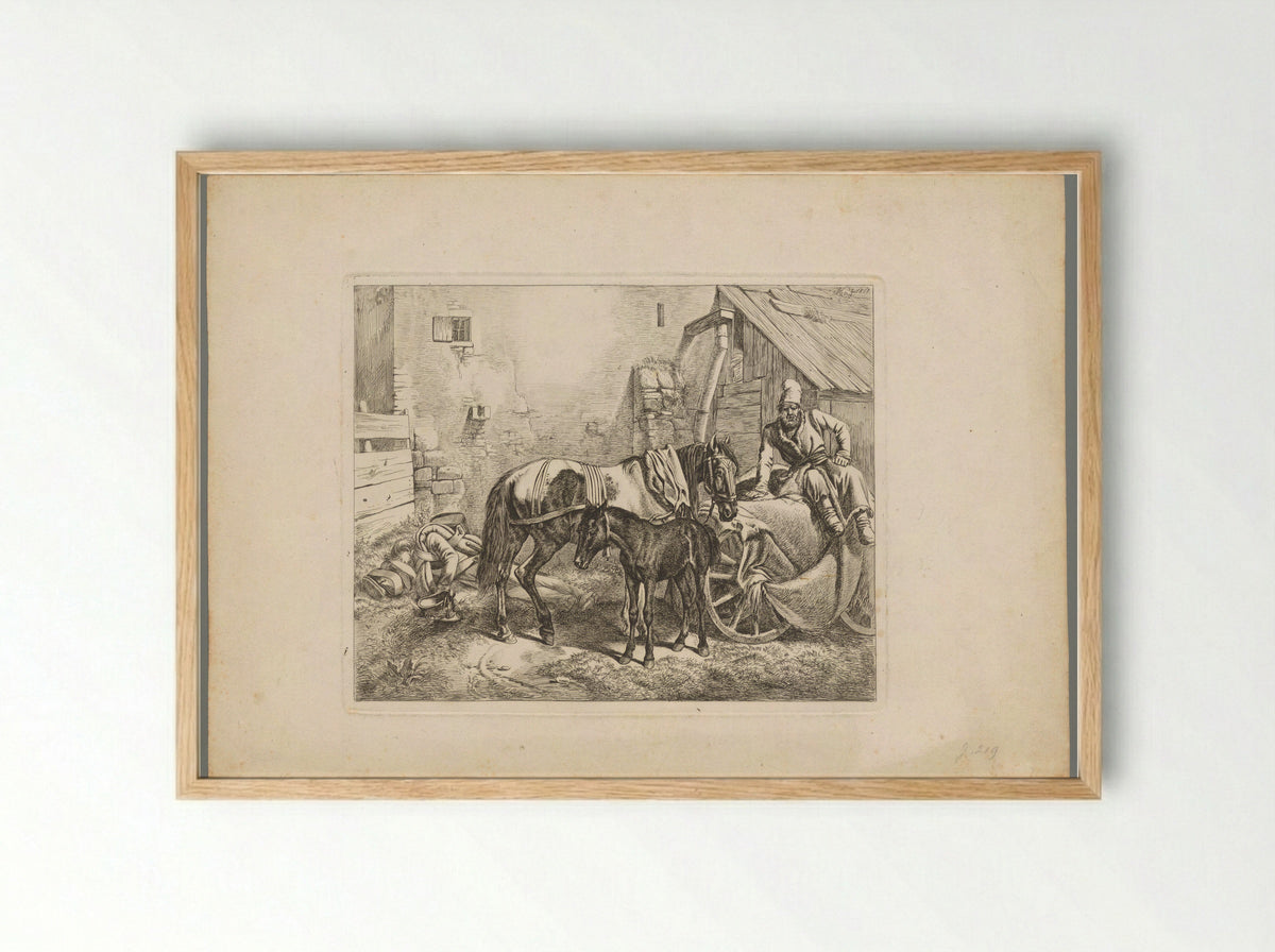 Merrie met veulen en twee rustende mannen - Domenico Artaria - Framed Print Wood