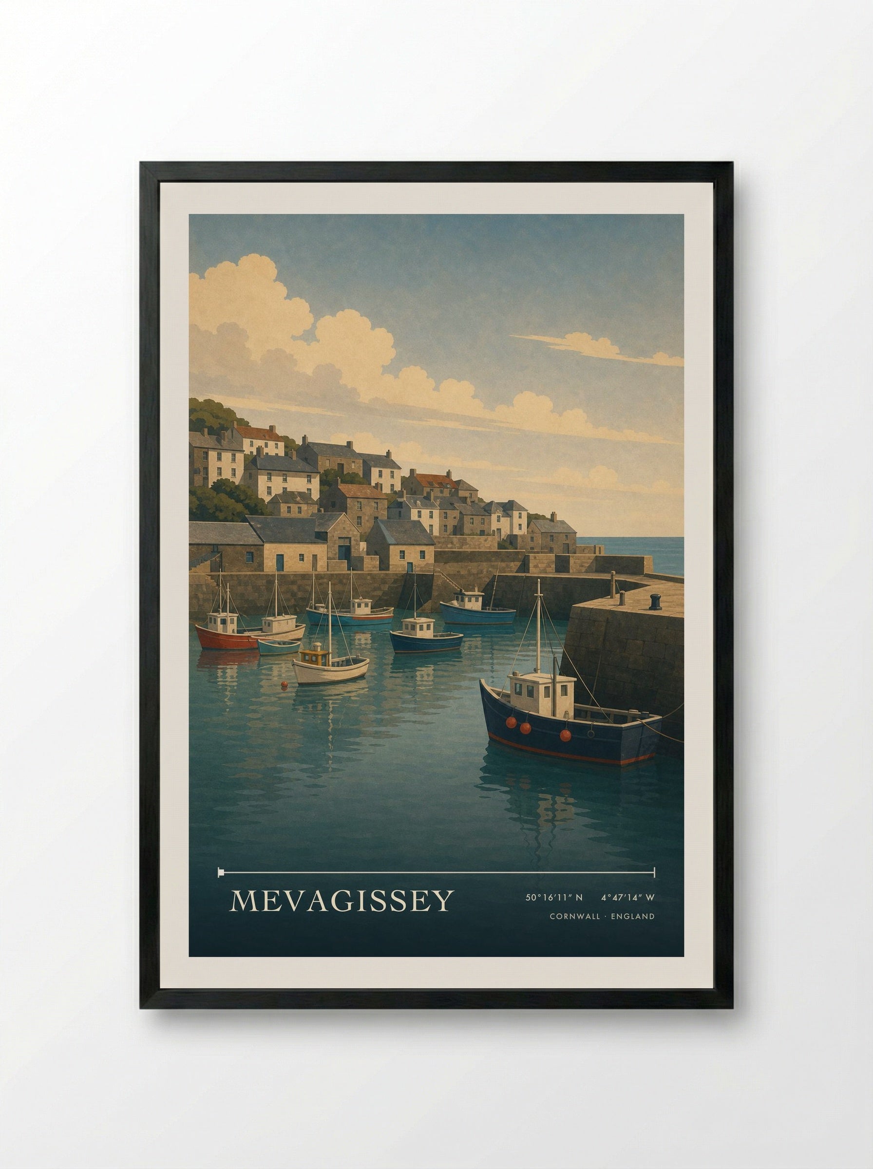 Mevagissey Cornwall England Travel Poster - Framed Print Black