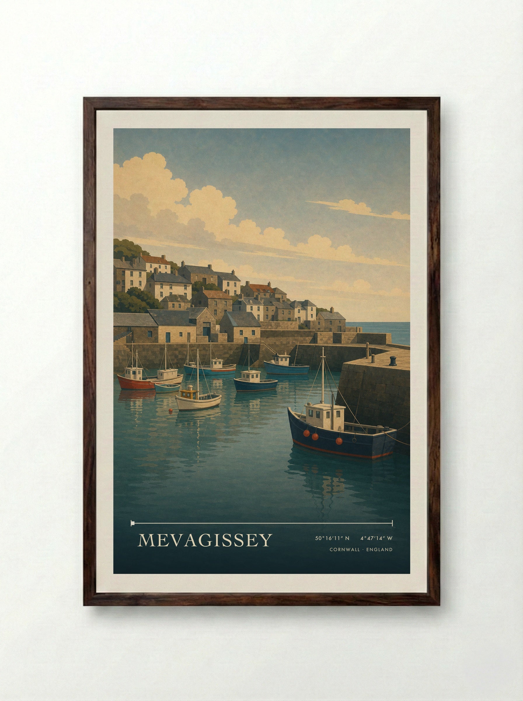 Mevagissey Cornwall England Travel Poster - Framed Print Dark Wood