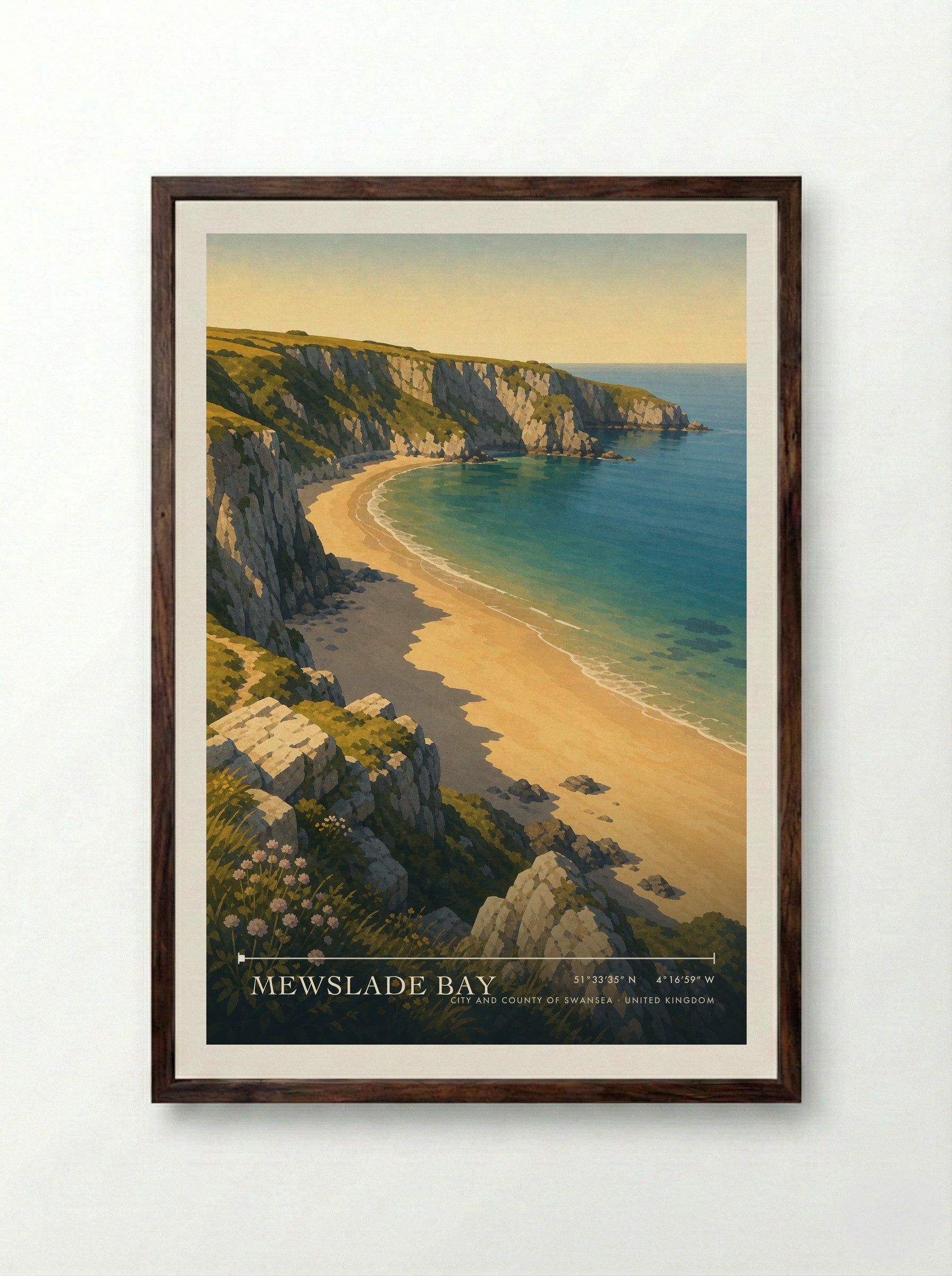Mewslade Bay City and County of Swansea United Kingdom Travel Poster - Framed Print Dark Wood