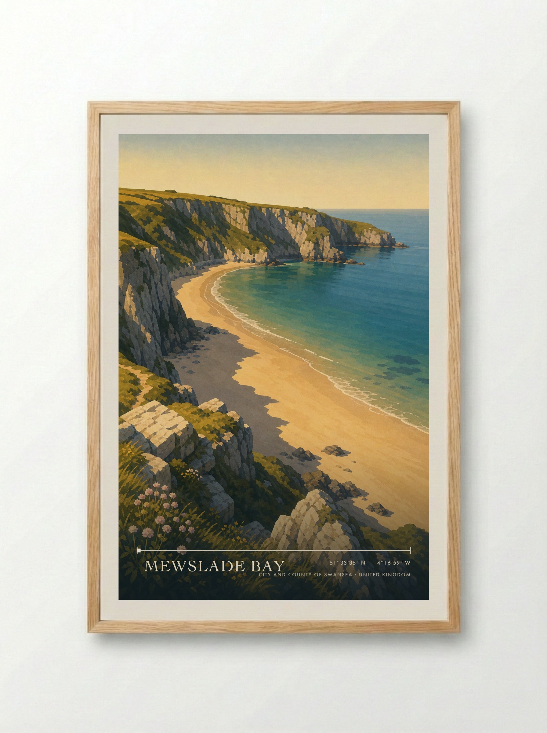 Mewslade Bay City and County of Swansea United Kingdom Travel Poster - Framed Print Wood