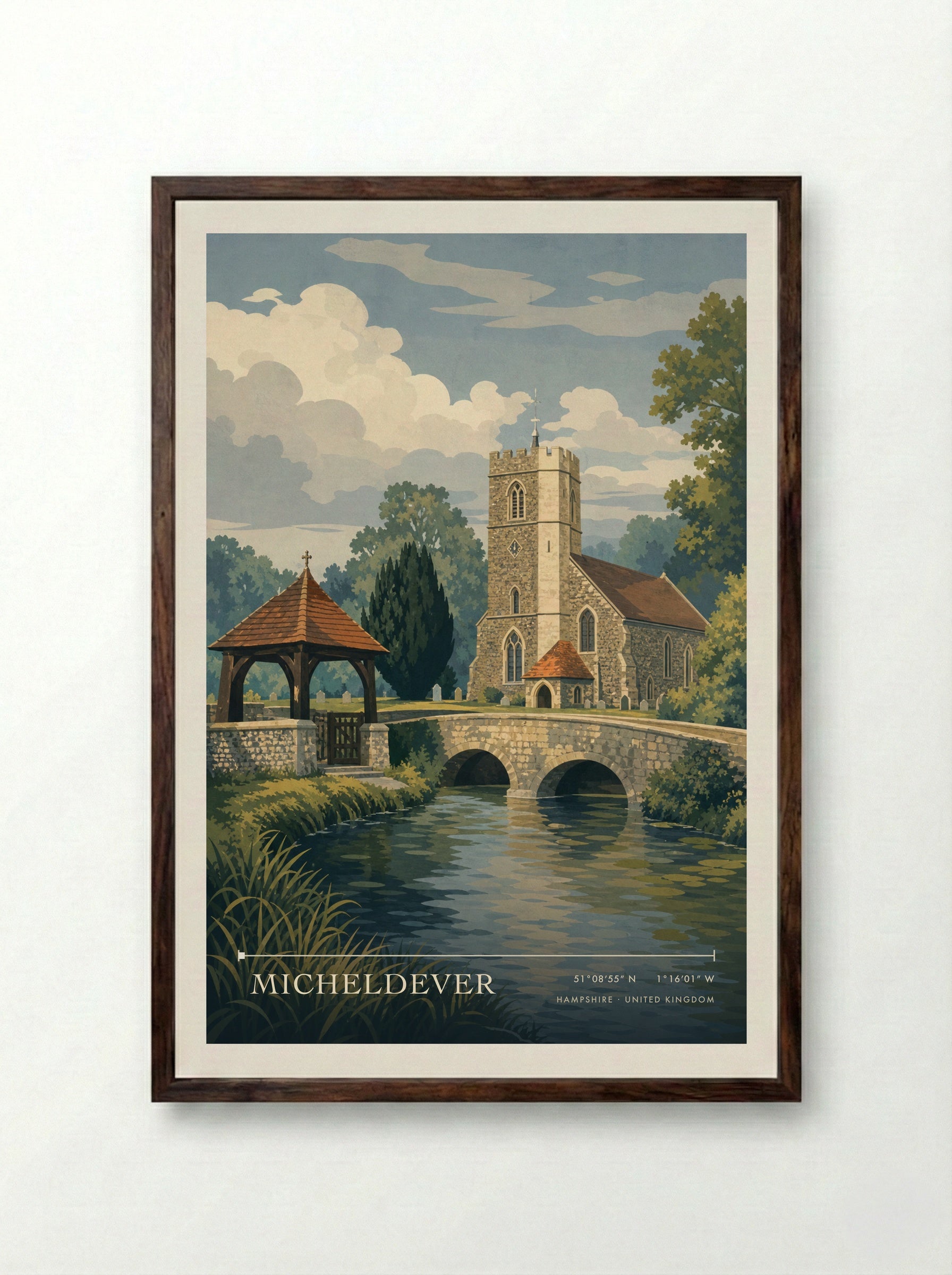 Micheldever Hampshire United Kingdom Travel Poster - Framed Print Dark Wood