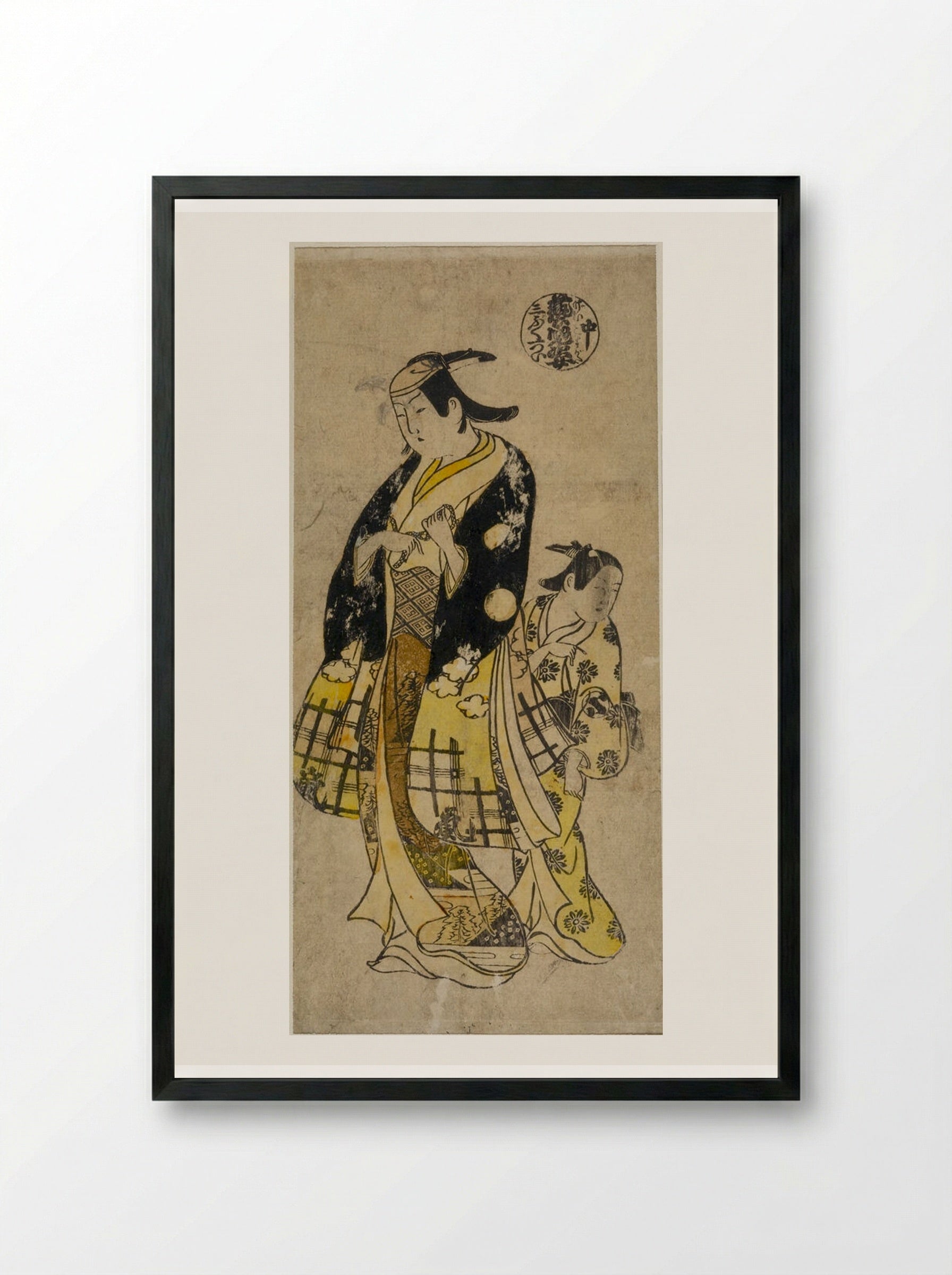 Middle Sheet of Beauties of Three Capitals - Okumura Masanobu - Framed Print Black