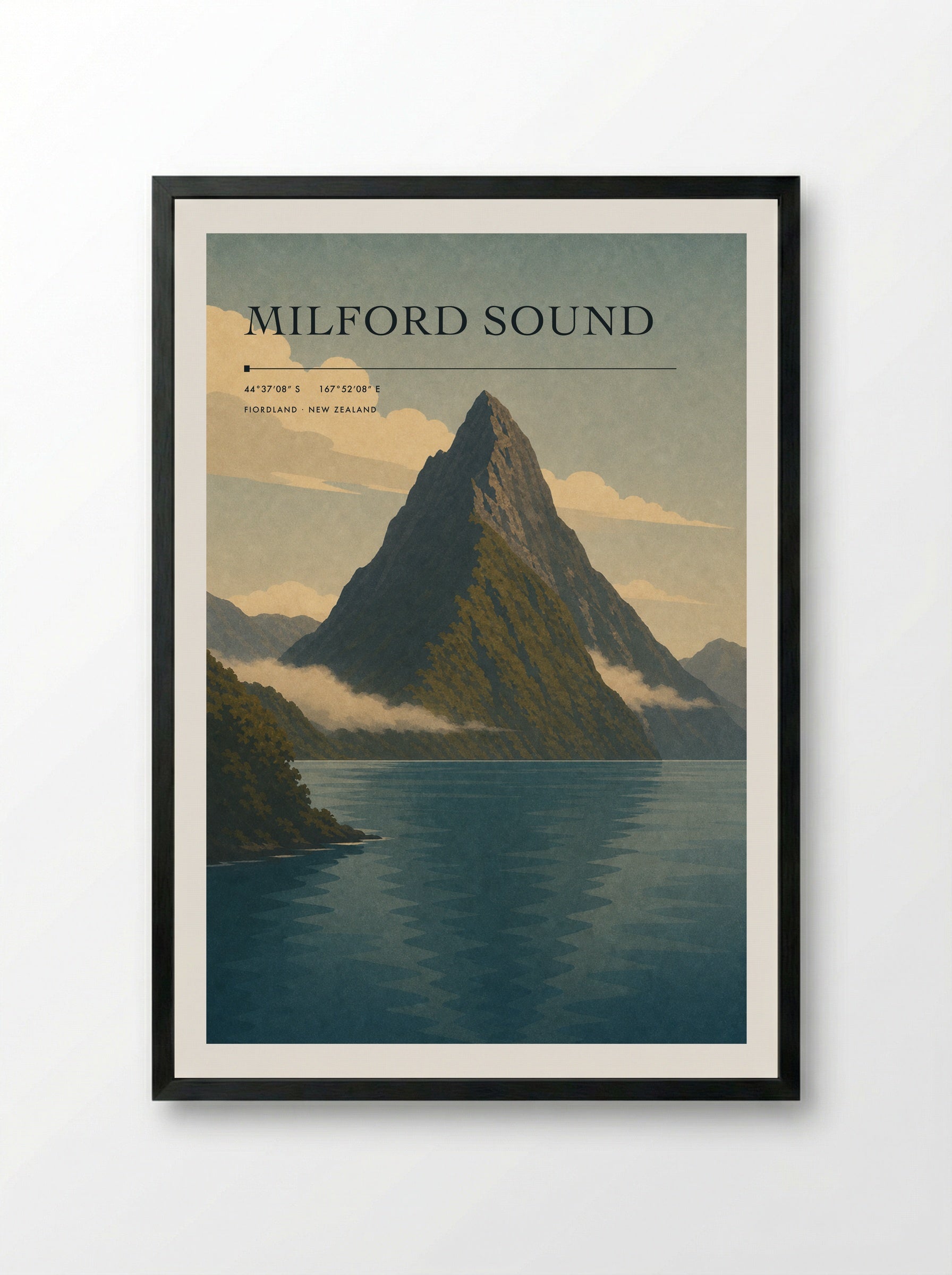 Milford Sound Travel Poster Artwork - Framed Print Black