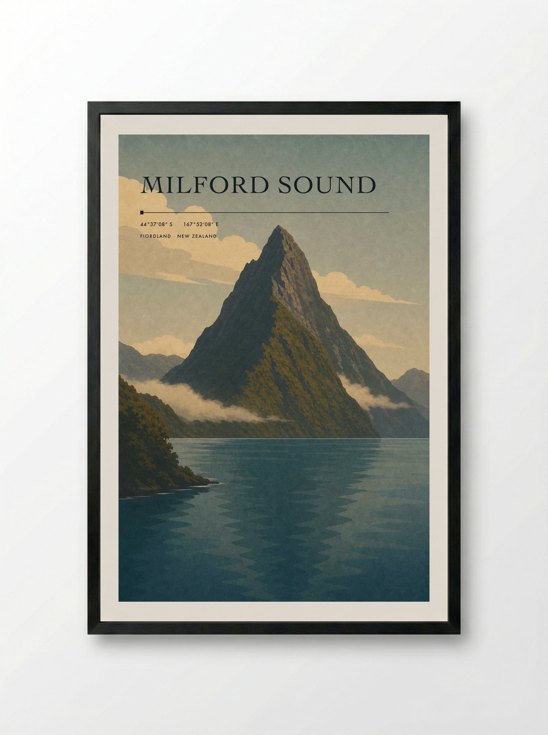 Milford Sound Travel Poster Artwork - Framed Print Black