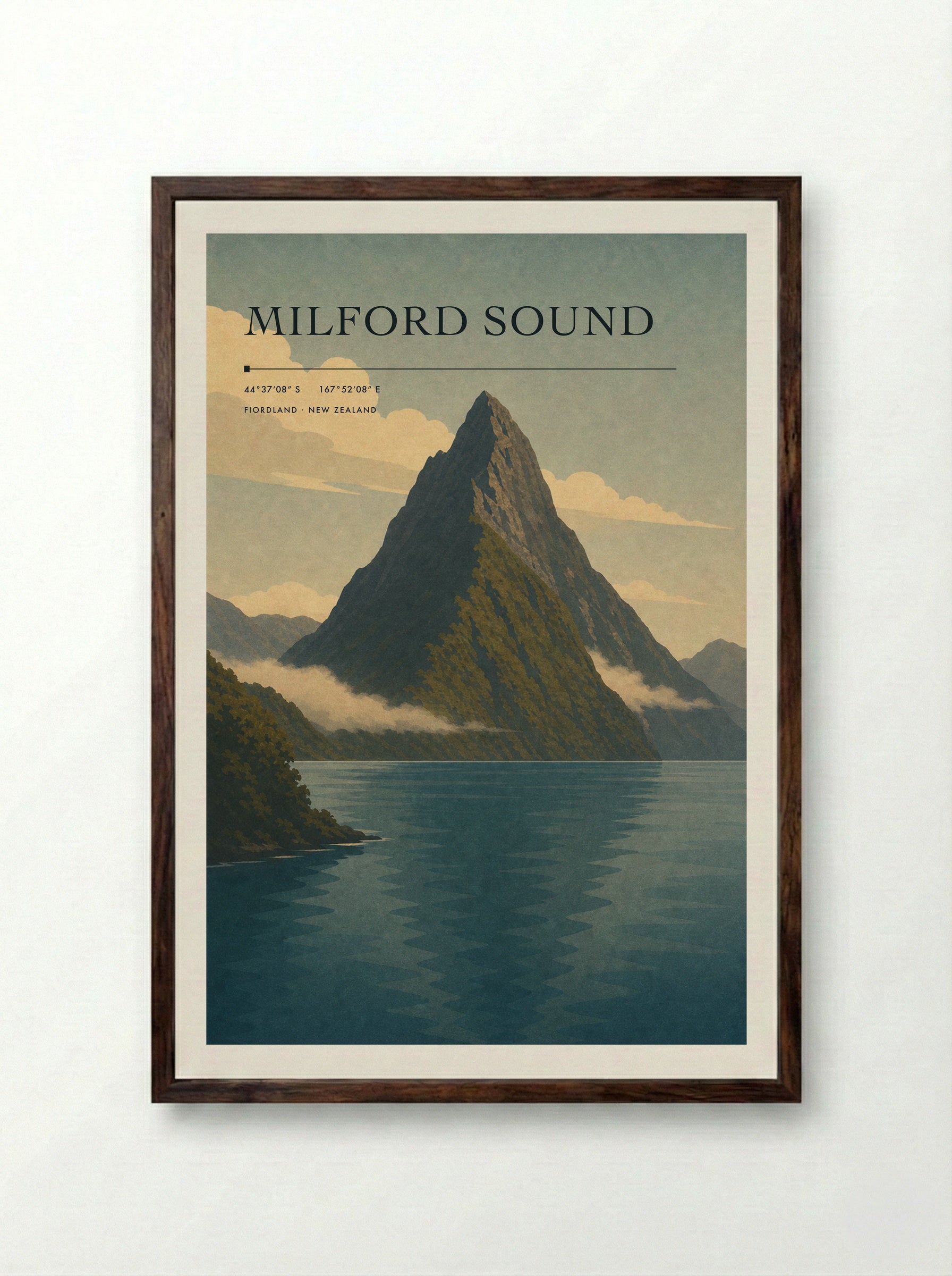 Milford Sound Travel Poster Artwork - Framed Print Dark Wood