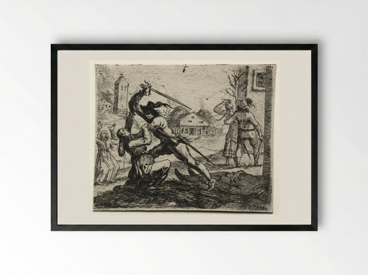 Military Subjects: Two Soldiers Pursuing Women in a Village - Hans Ulrich Franckh - Framed Print Black