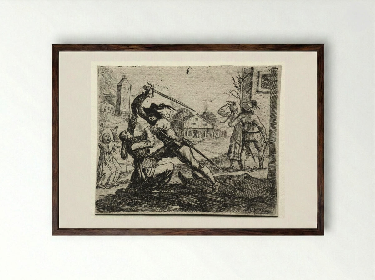 Military Subjects: Two Soldiers Pursuing Women in a Village - Hans Ulrich Franckh - Framed Print Dark Wood