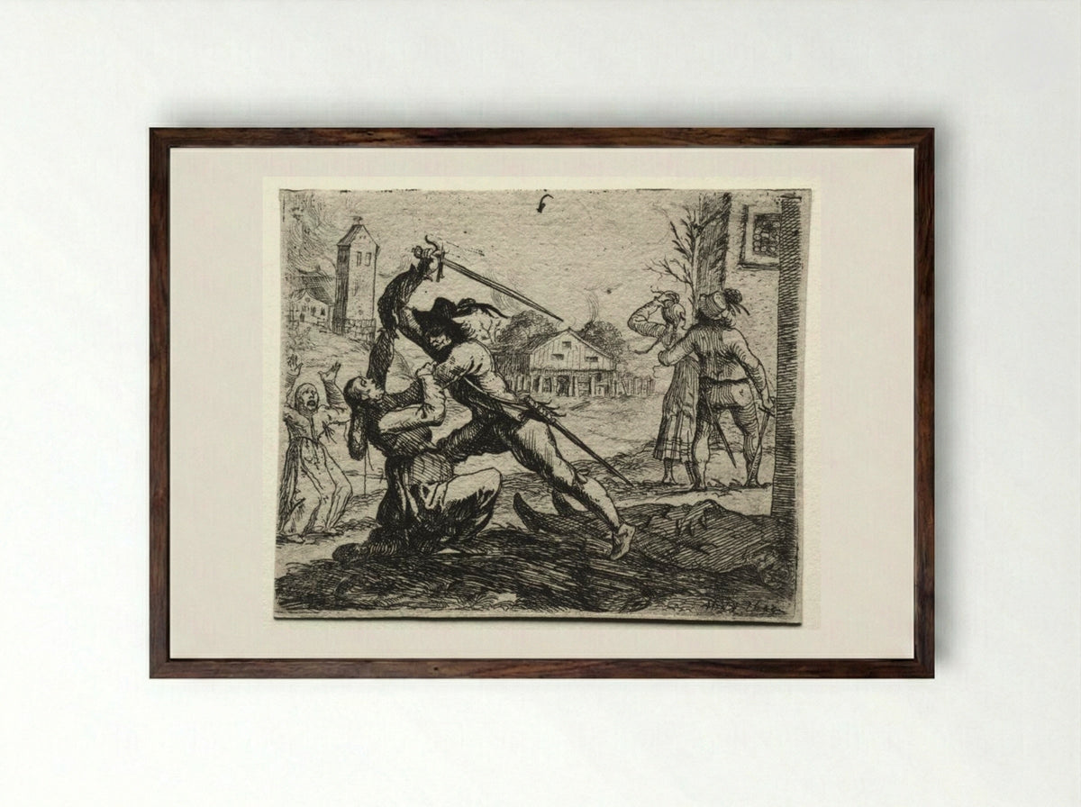 Military Subjects: Two Soldiers Pursuing Women in a Village - Hans Ulrich Franckh - Framed Print Dark Wood