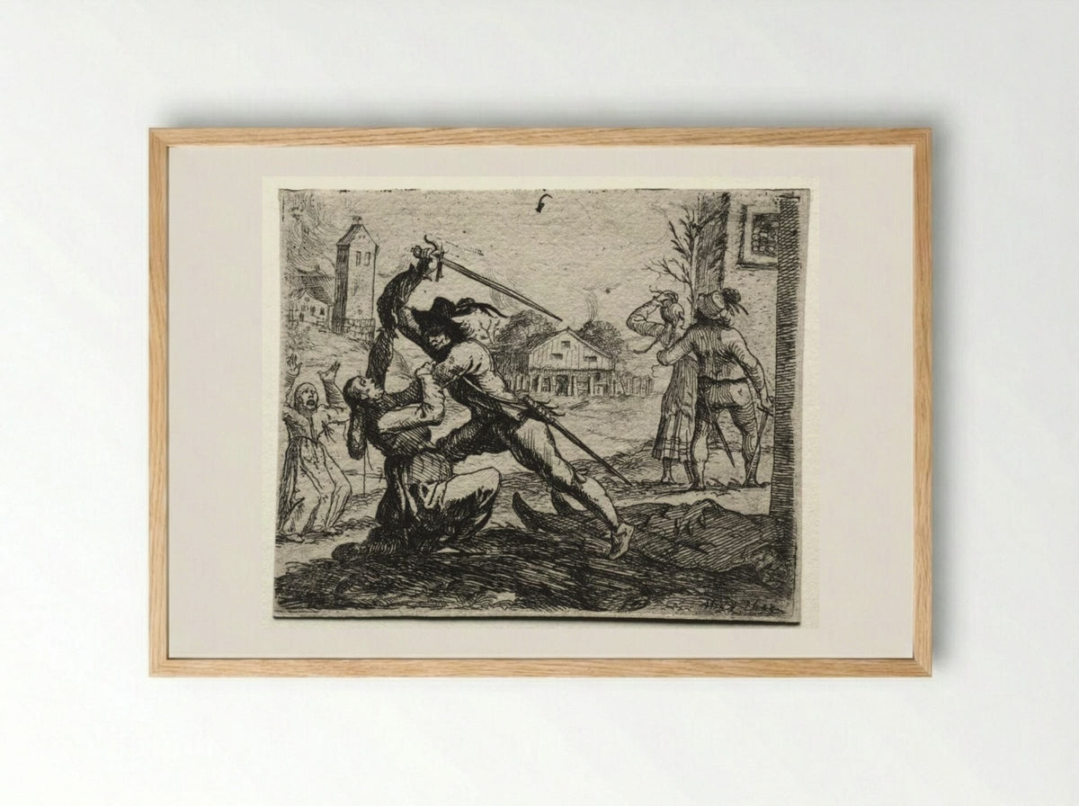 Military Subjects: Two Soldiers Pursuing Women in a Village - Hans Ulrich Franckh - Framed Print Wood