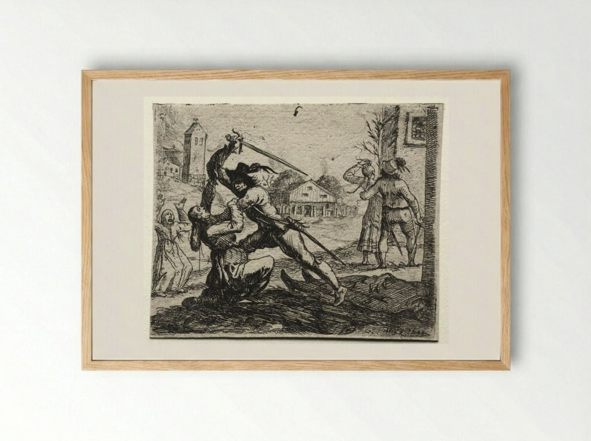 Military Subjects: Two Soldiers Pursuing Women in a Village - Hans Ulrich Franckh - Framed Print Wood