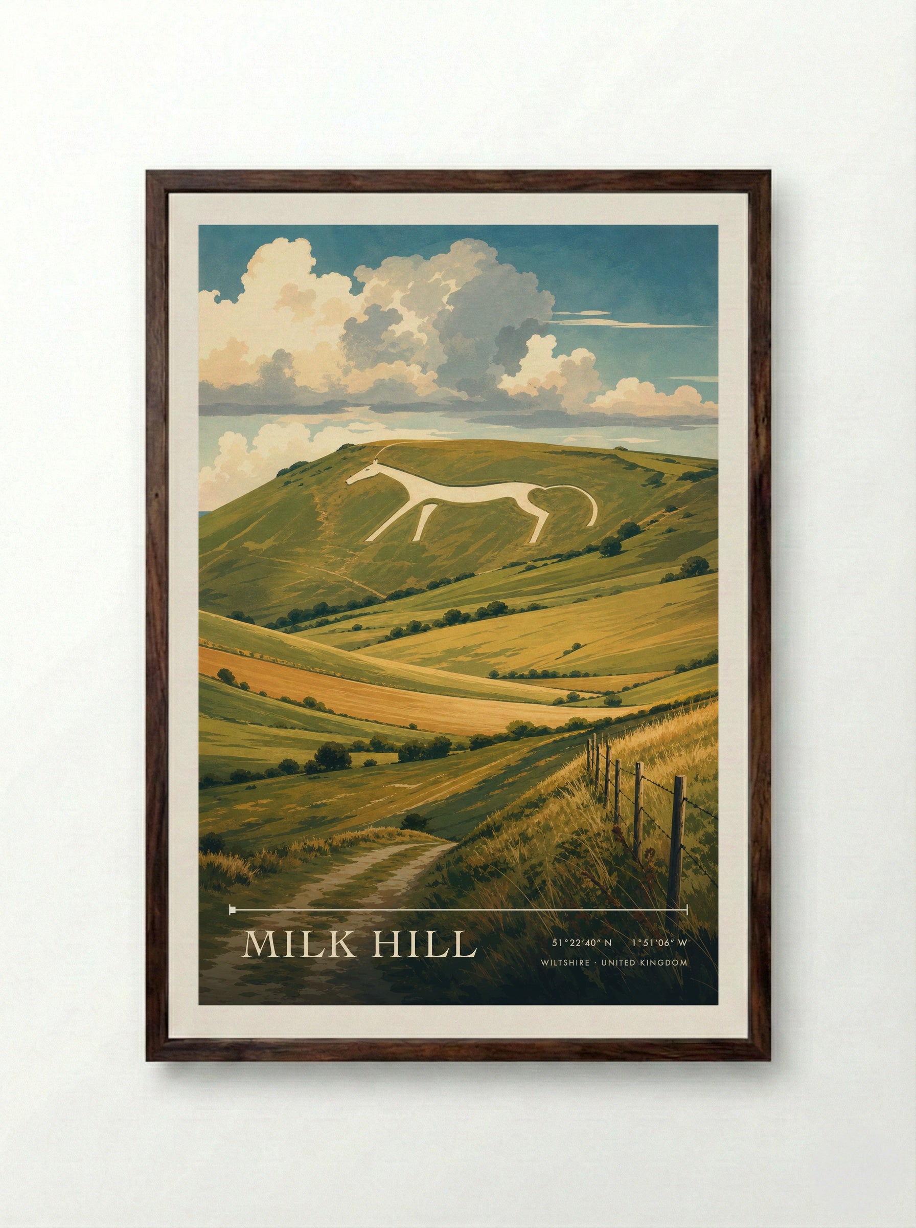 Milk Hill Wiltshire United Kingdom Travel Poster - Framed Print Dark Wood