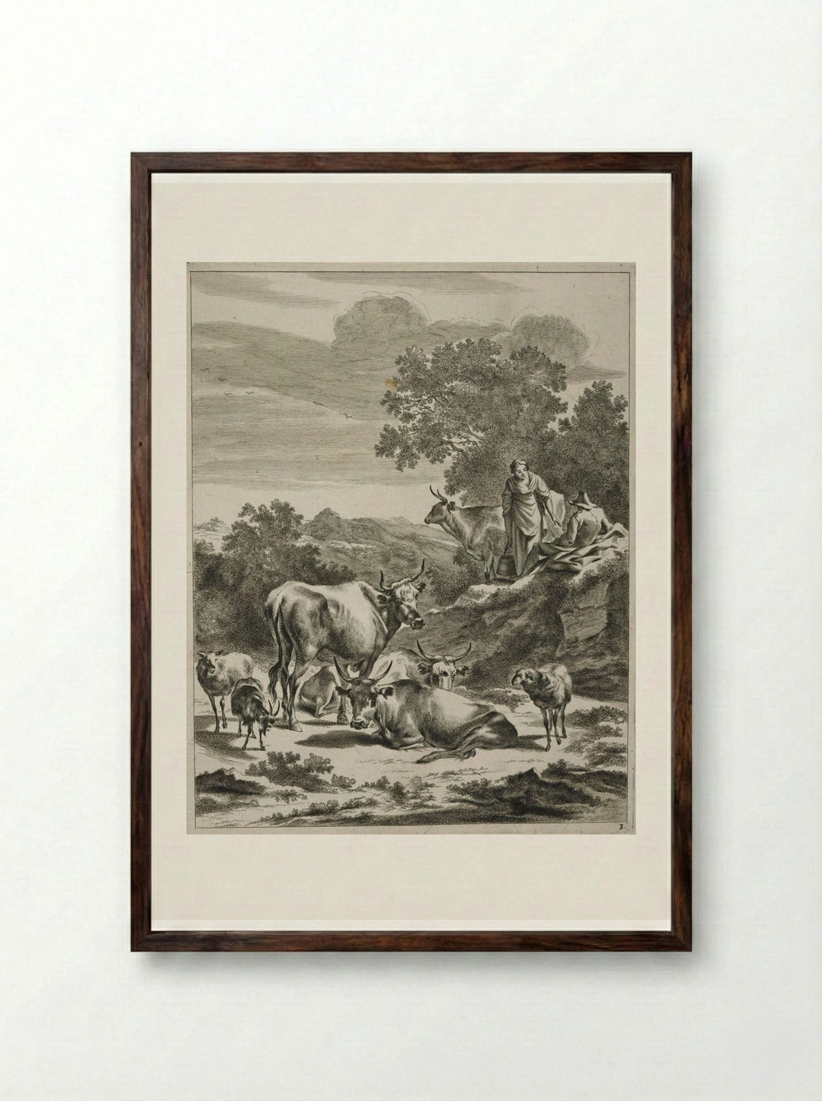 Milkmaid and Seated Herdsman on a Hillock - Johannes Visscher - Framed Print Dark Wood