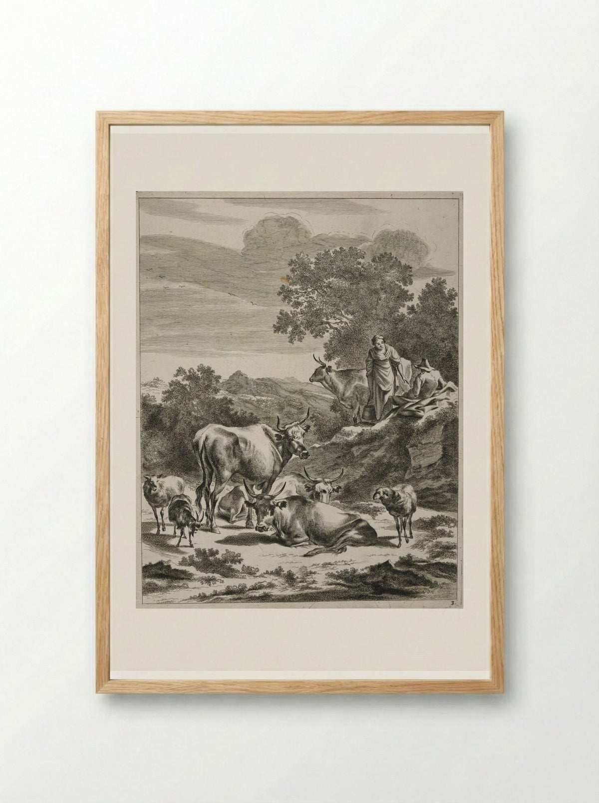 Milkmaid and Seated Herdsman on a Hillock - Johannes Visscher - Framed Print Wood