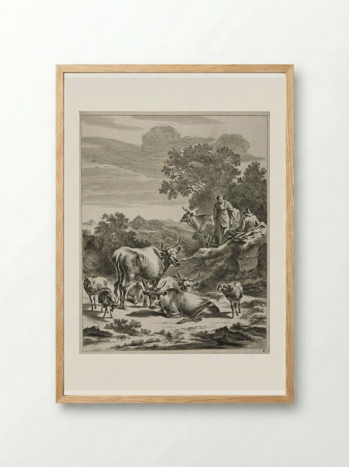 Milkmaid and Seated Herdsman on a Hillock - Johannes Visscher - Framed Print Wood