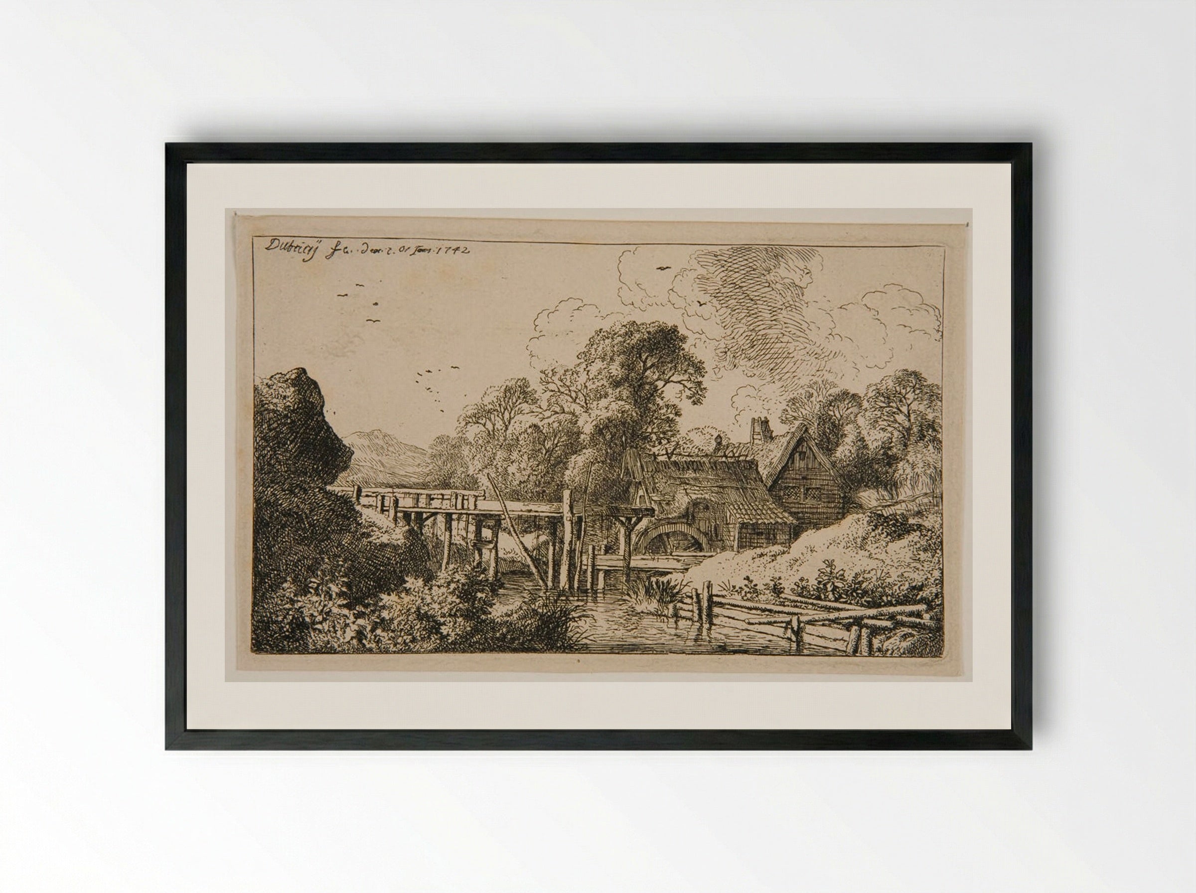 Mill by a River - Christian Wilhelm Ernst Dietrich - Framed Print Black