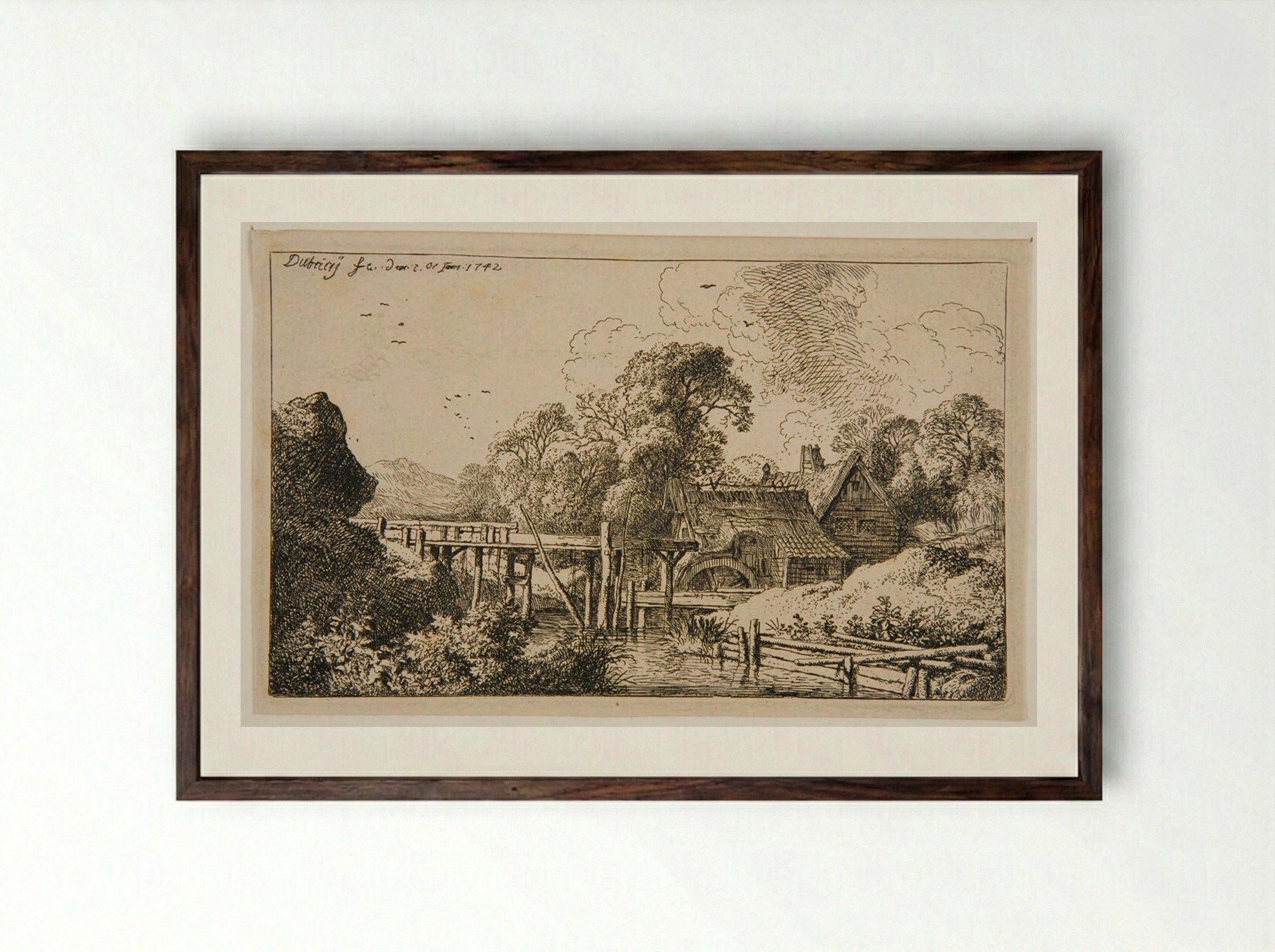 Mill by a River - Christian Wilhelm Ernst Dietrich - Framed Print Dark Wood